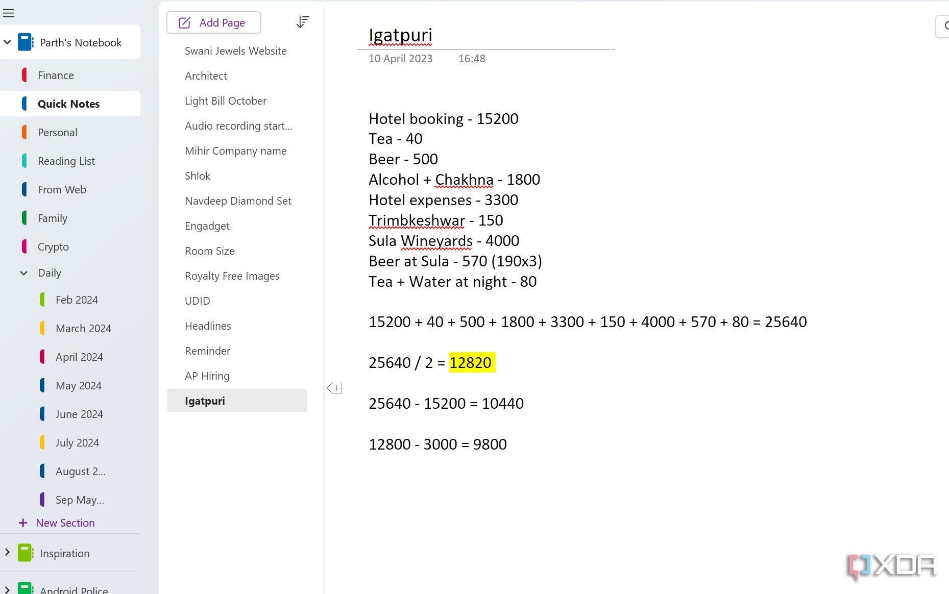 Math calculations in OneNote