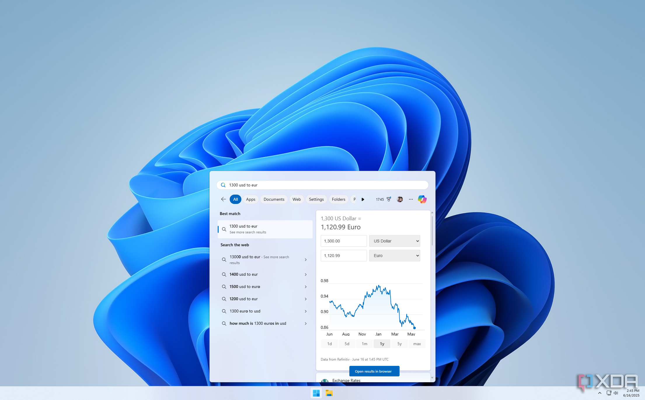 Screenshot of Windows 11 showing a currency conversion in the search bar
