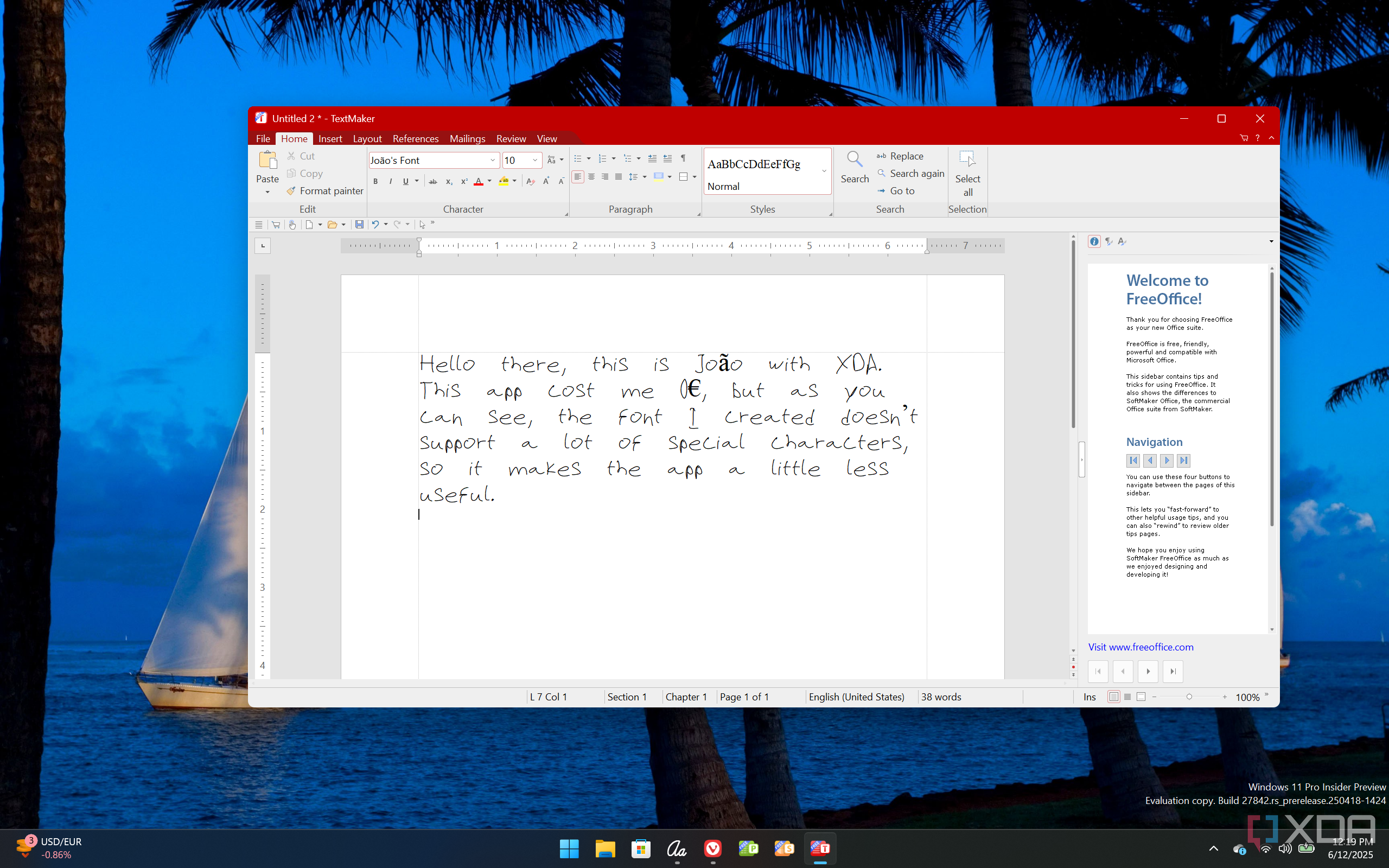 Screenshot of Softmaker FreeOffice using a custom-made font from Microsoft Font Maker, showing that some characters aren't supported