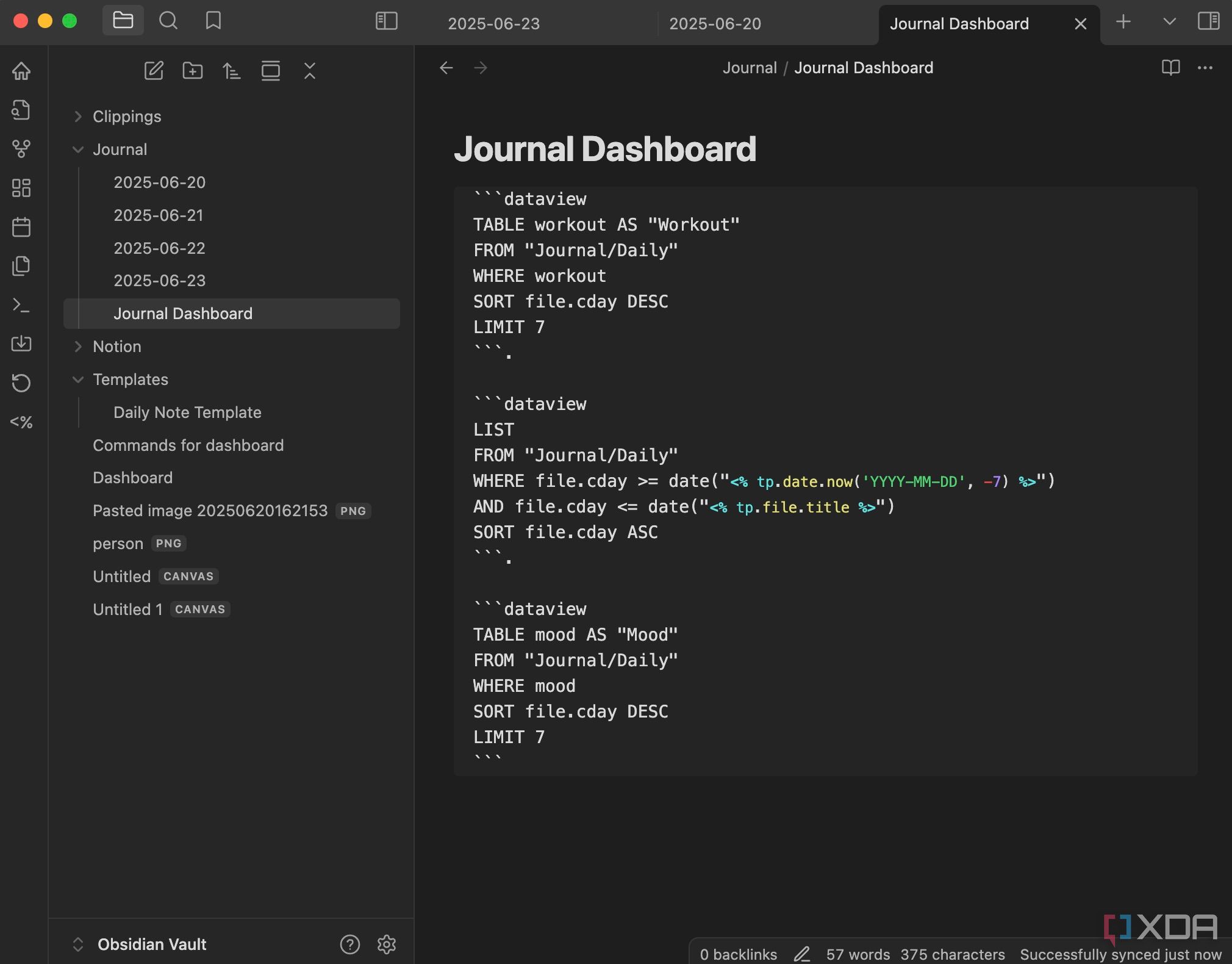 Dashboard for journal on Obsidian