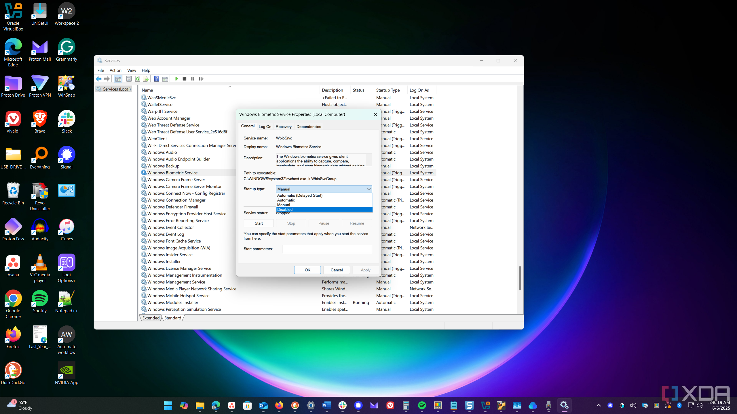 Shows turning off Windows services to help debloat