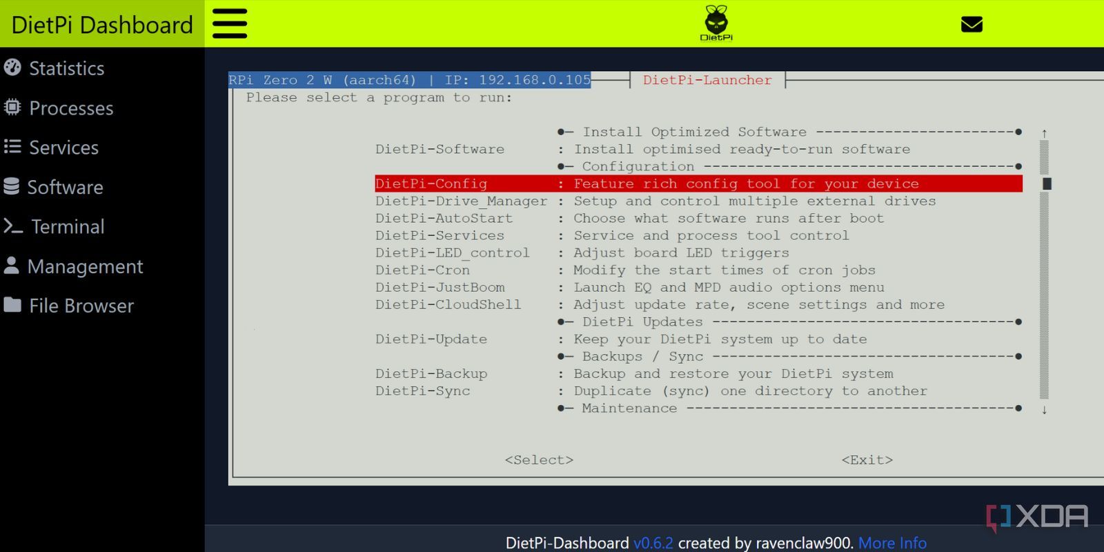 screenshot of dietpi dashboard Terminal page