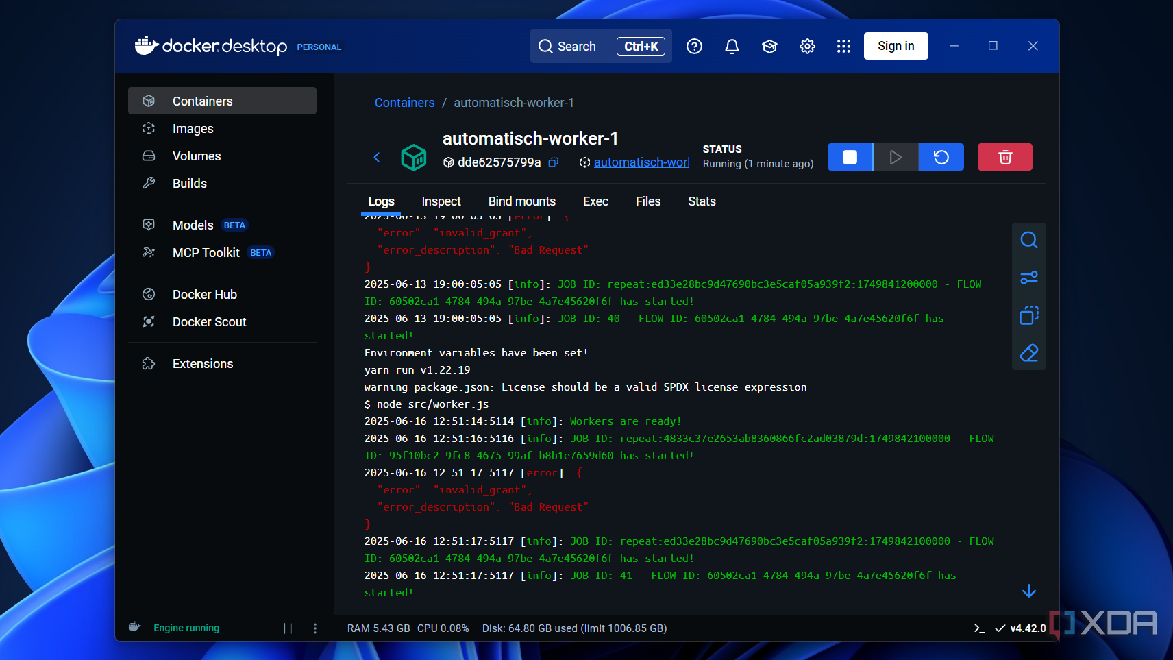 docker logs with errors