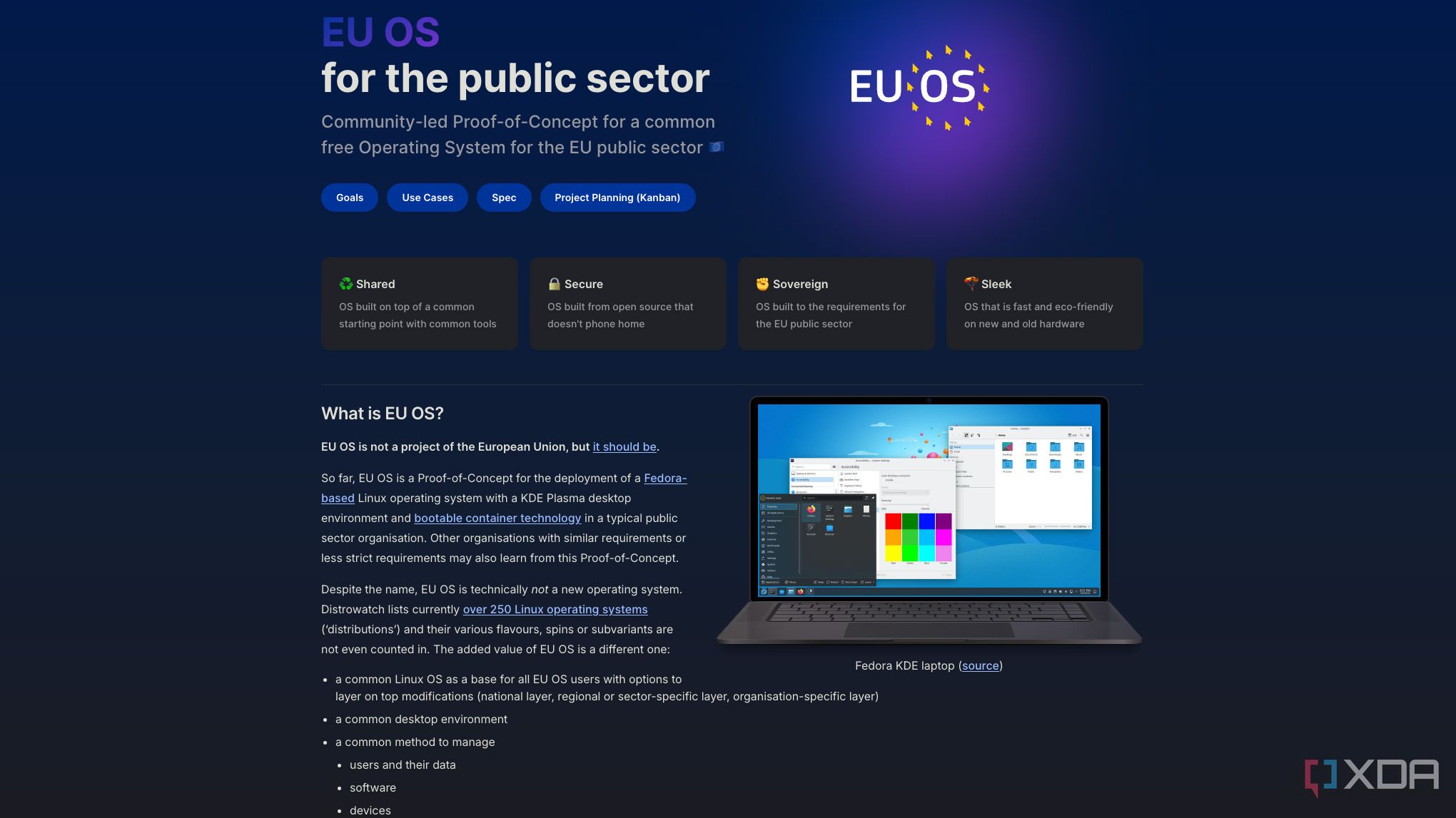 Screenshot of the homepage for the EU OS project