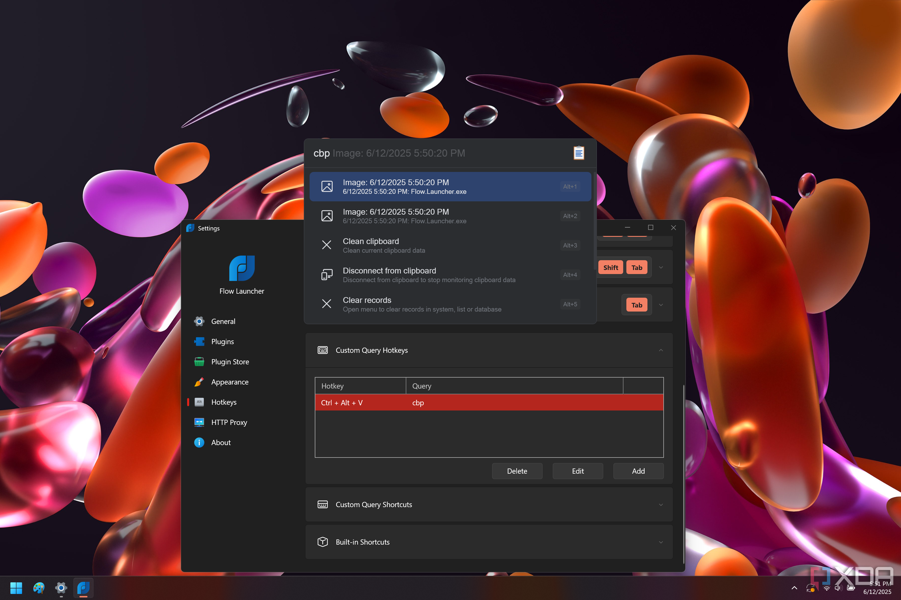 Screenshot of Flow Launcher settings showing a custom hotkey configuration with a search bar showing the result of pressing said hotkey