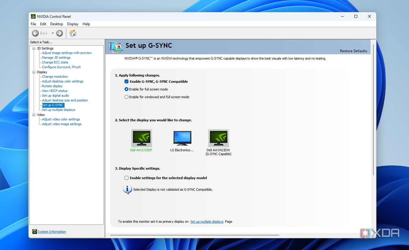 Panel de control NVIDIA que muestra la configuración de G-Sync en Windows