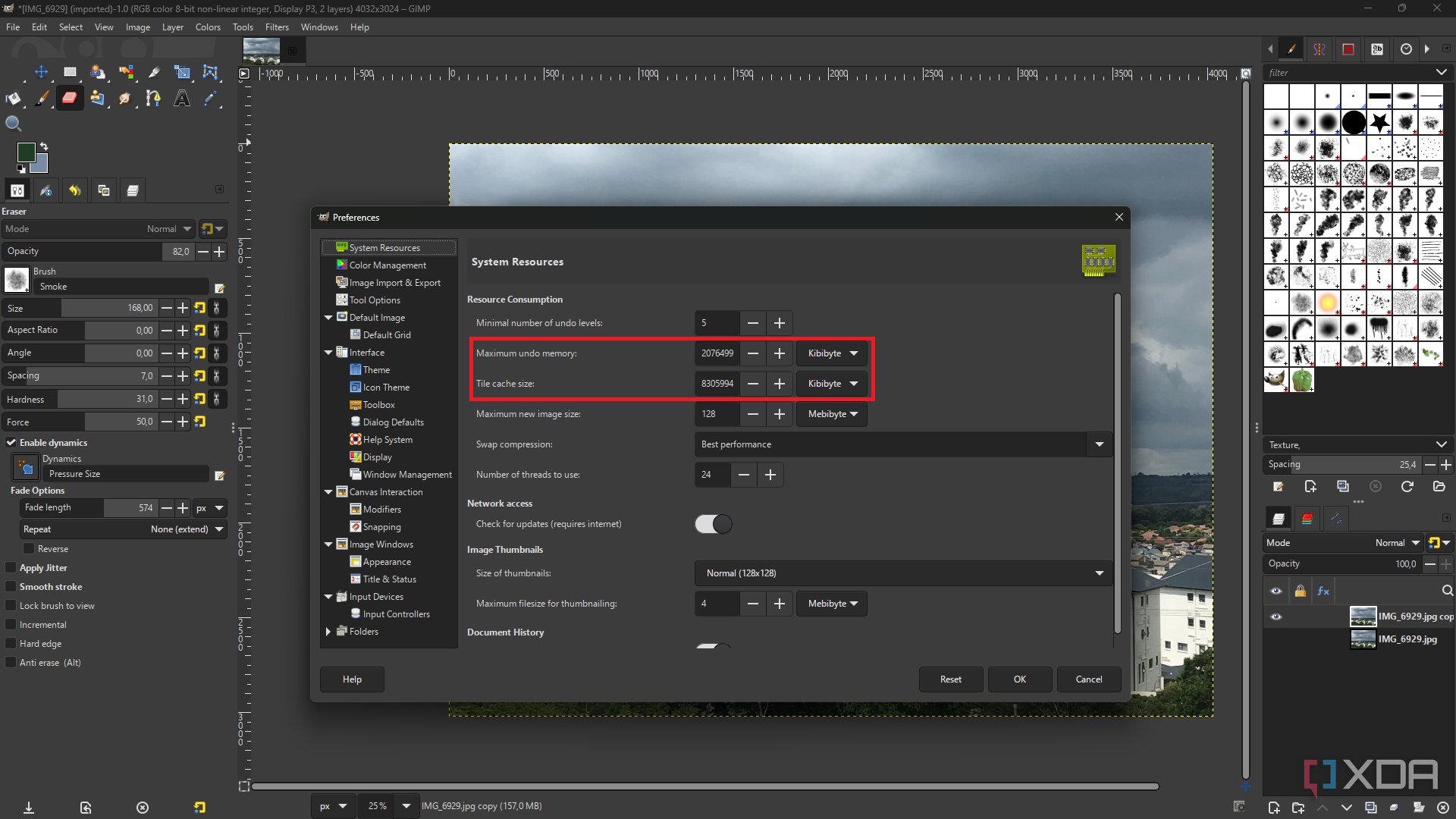 GIMP System Resources increasing Tile Cache and Undo History