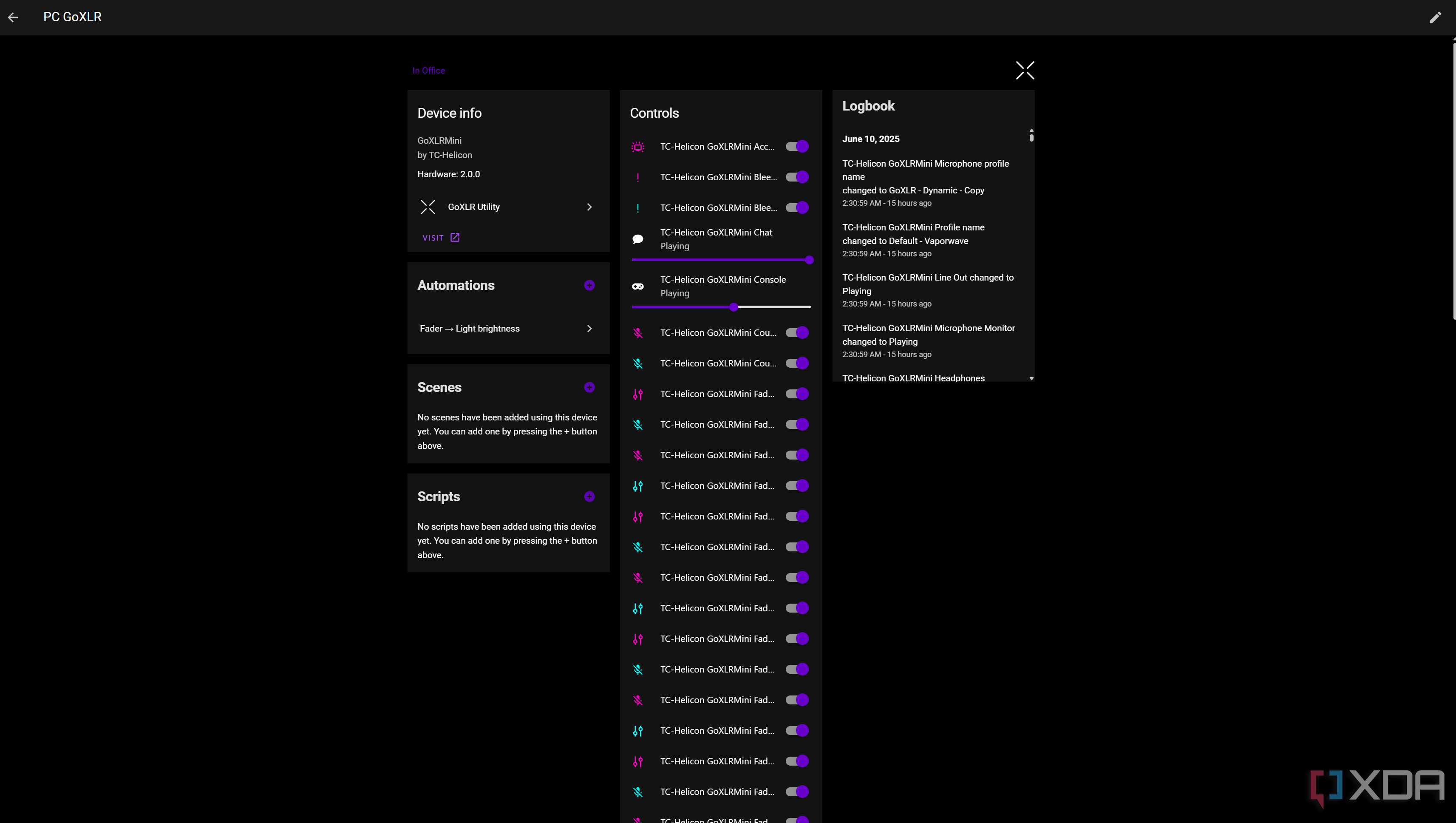GOXLR Integración de asistente de origen, que muestra todos los controles