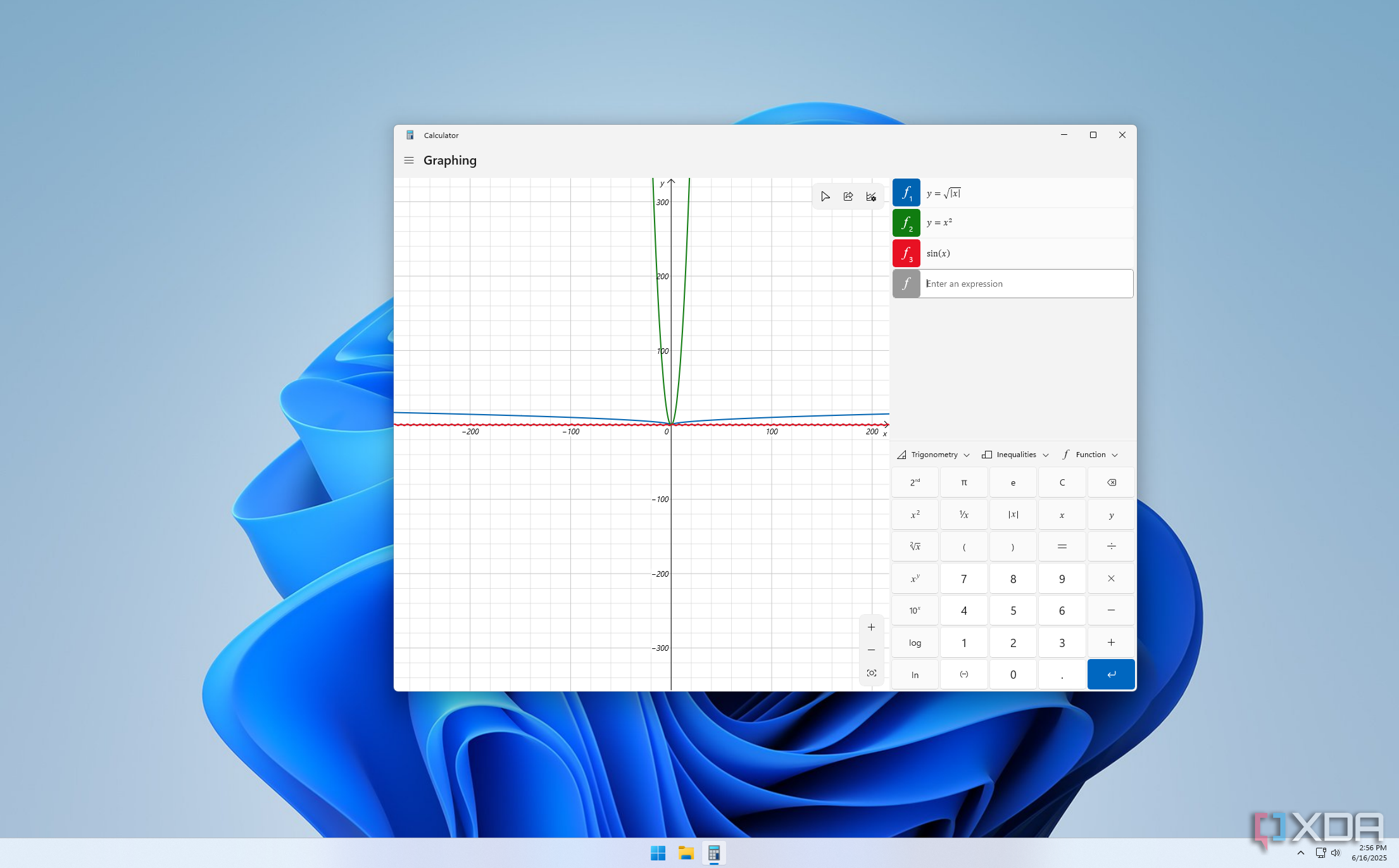 Screenshot of the Calculator app on Windows 11 showing multiple graphed equations