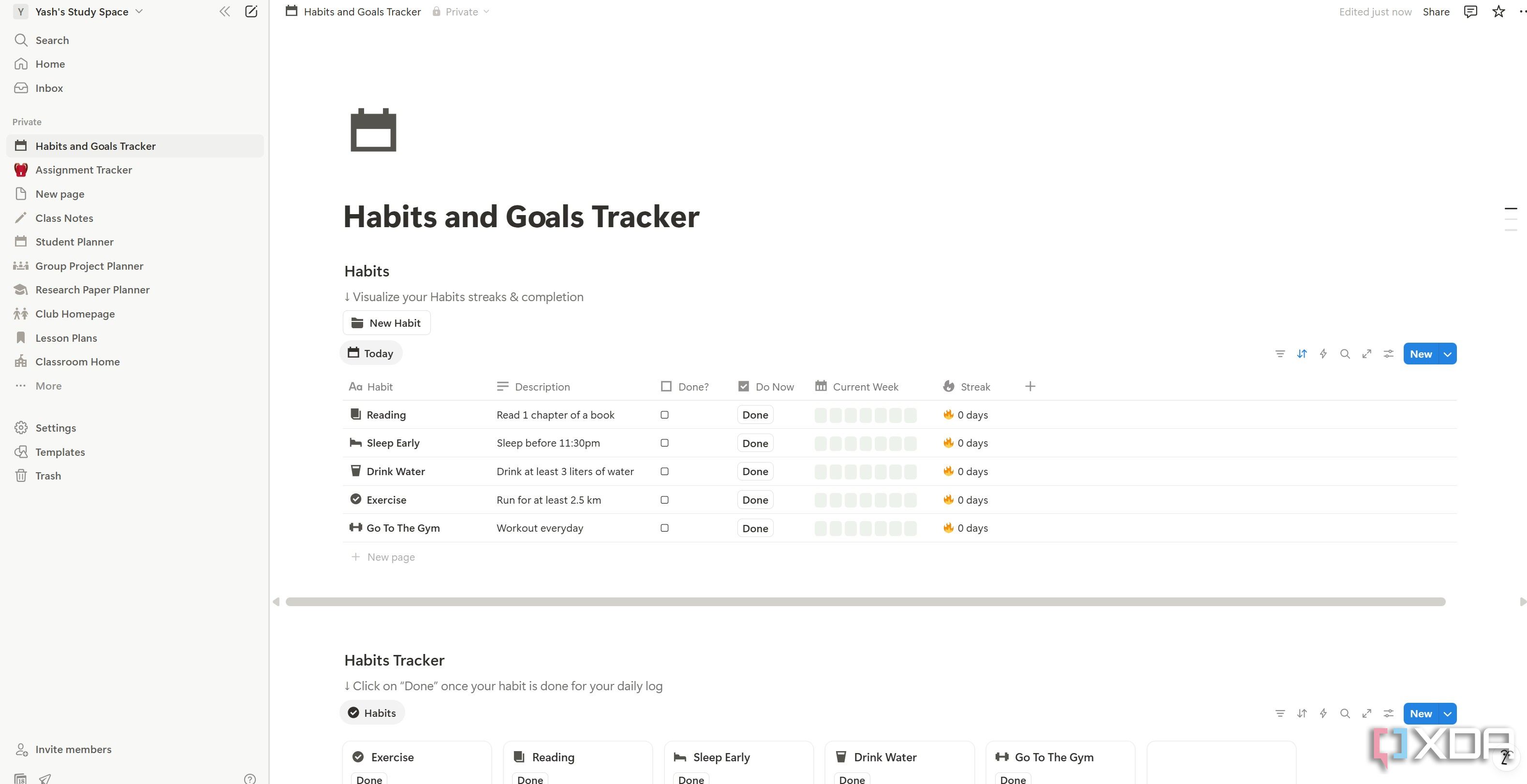 Goal and habit tracker for students on Notion