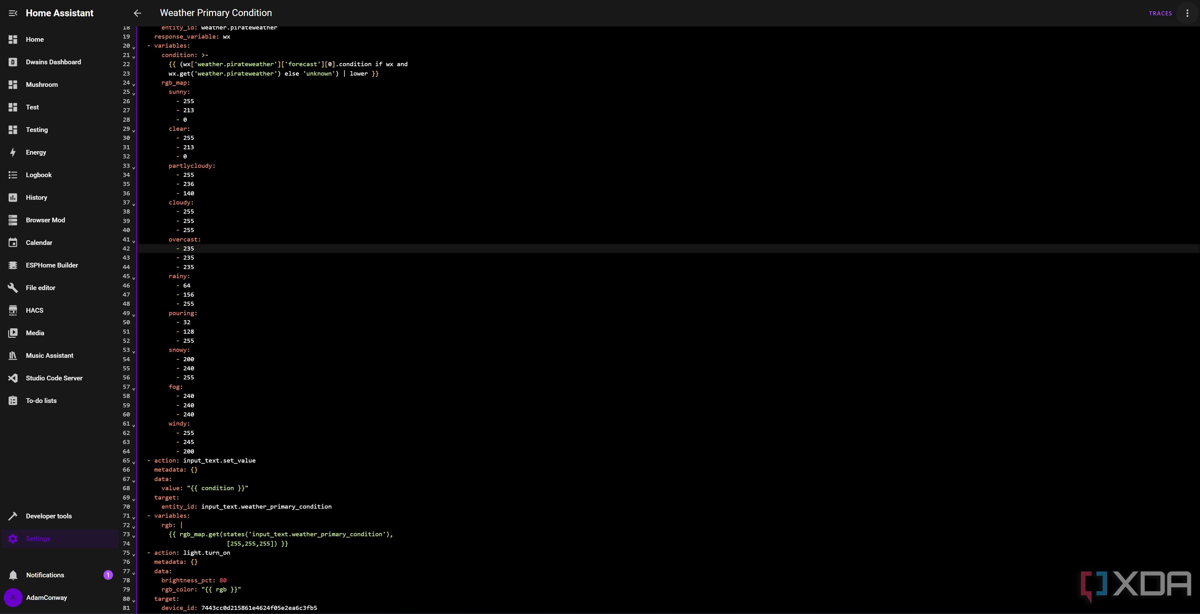 YAML code for a Home Assistant forecast that turns conditions into light colors