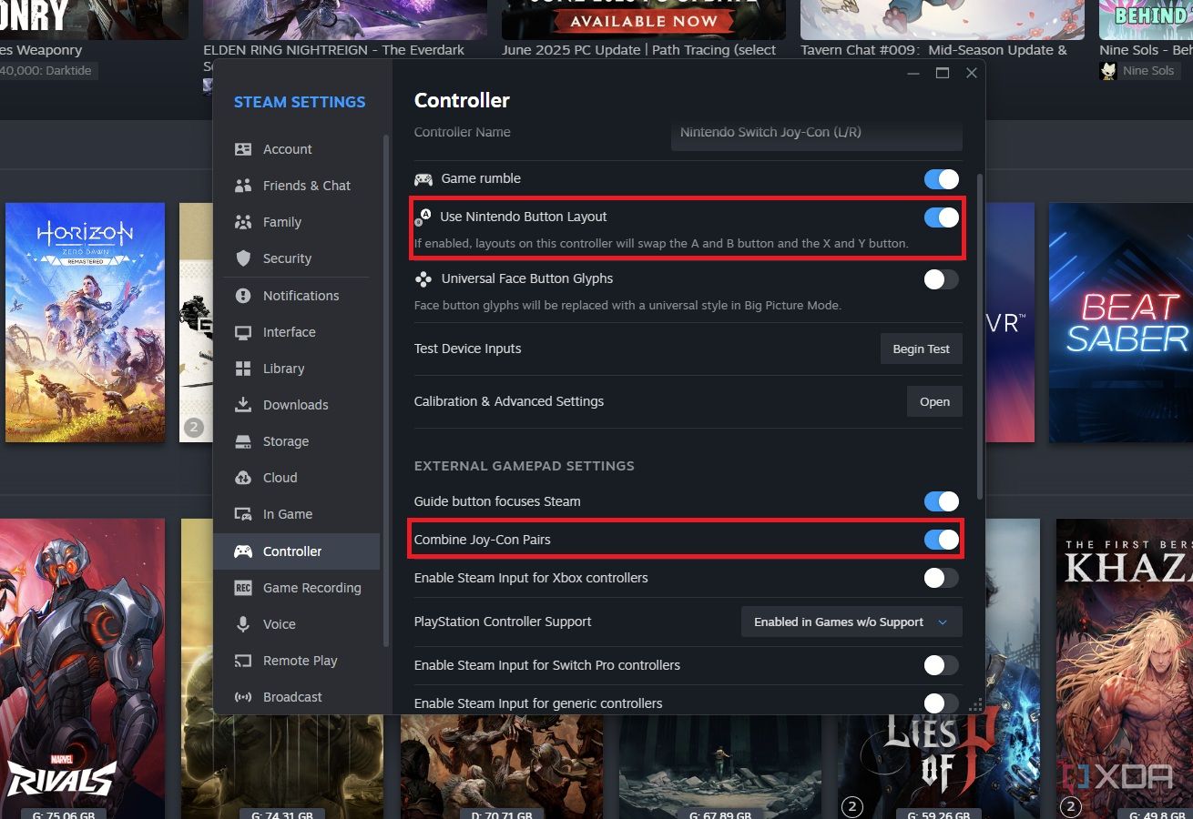 Joy-Con settings on Steam.