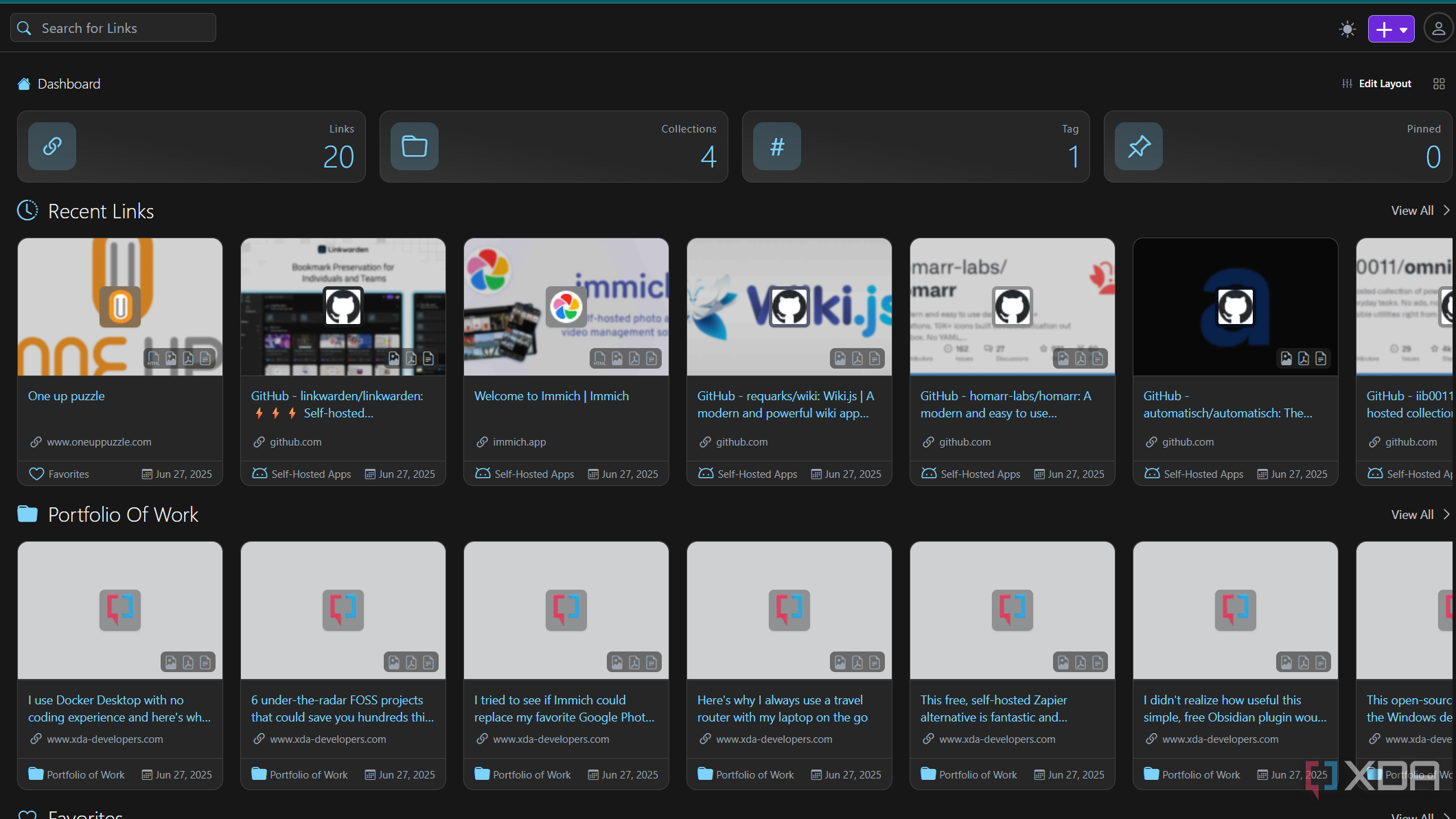 linkwarden dashboard with saved links