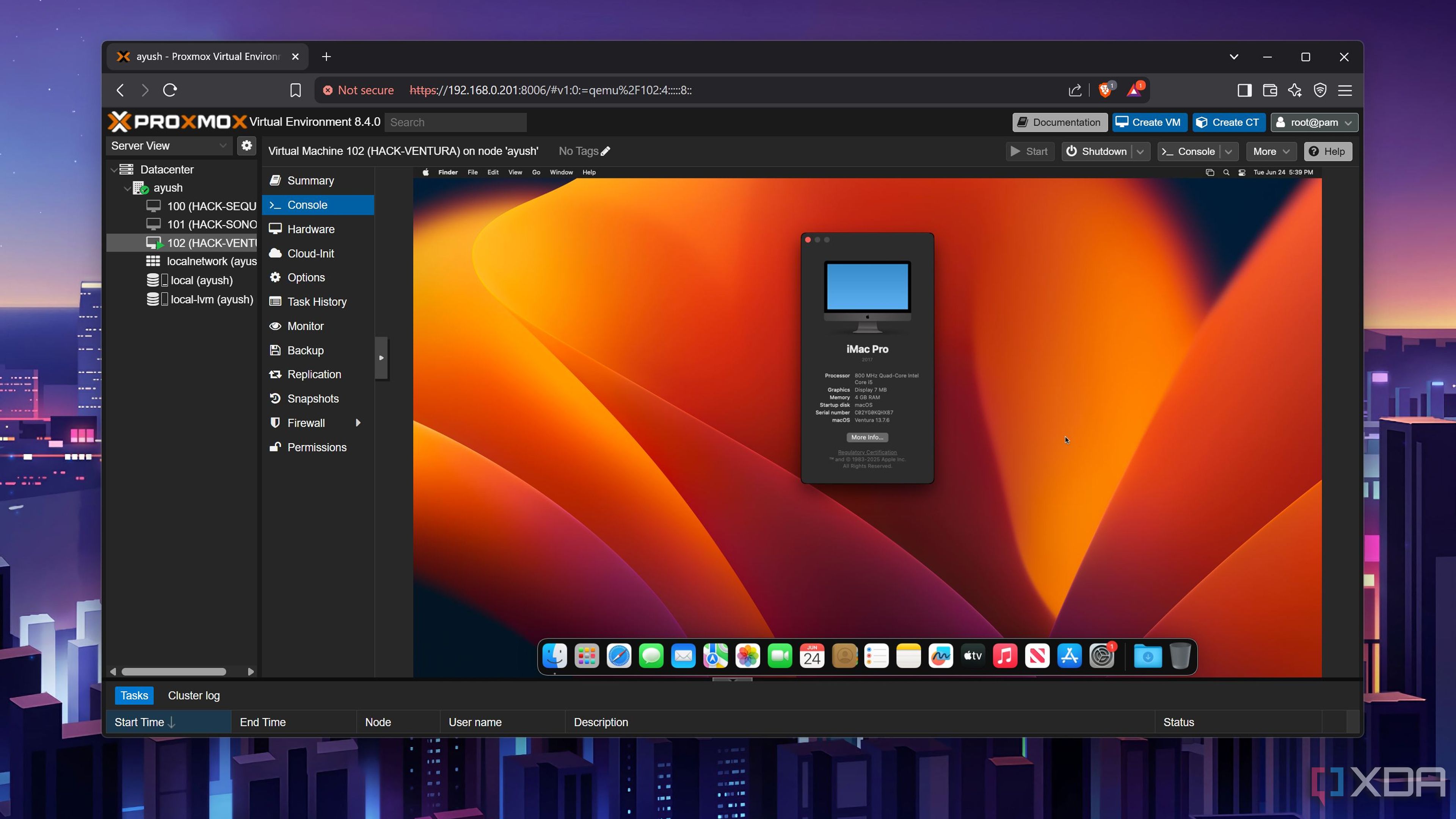 Checking the macOS specs inside a Proxmox VM
