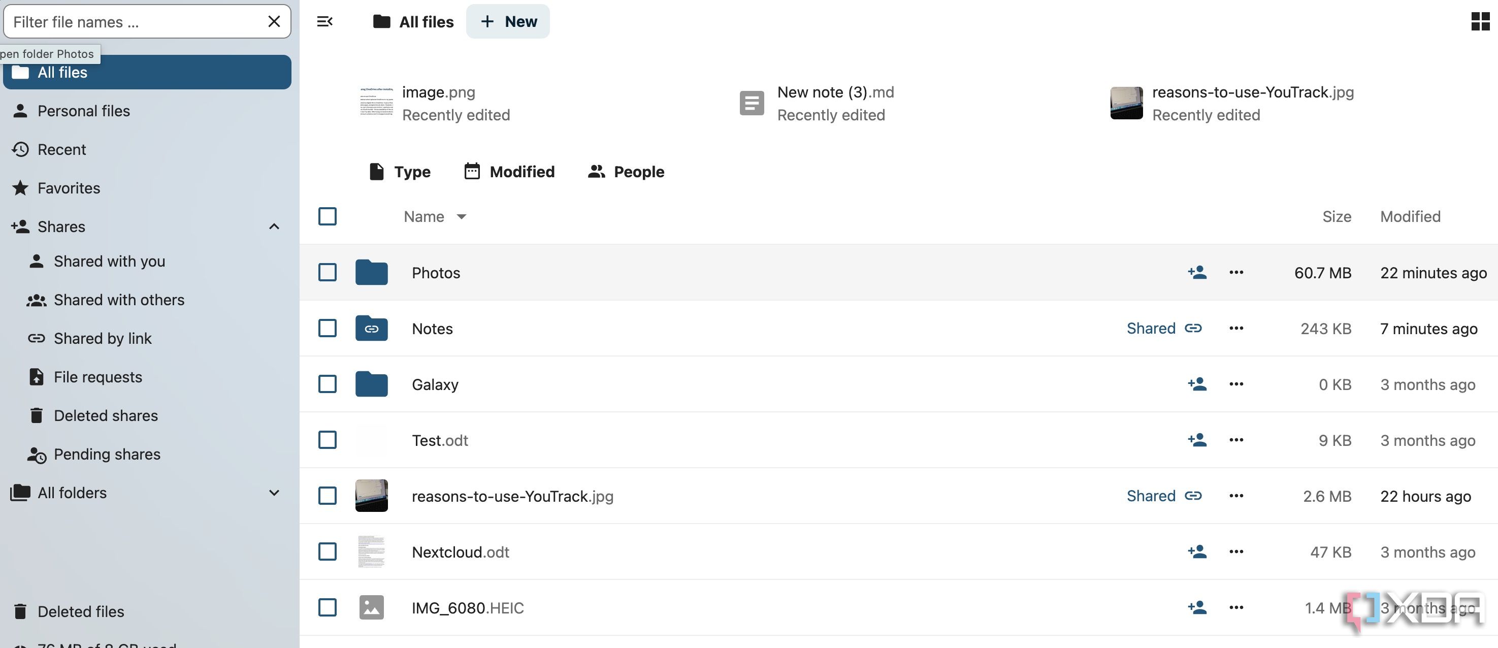 Files menu in Nextcloud