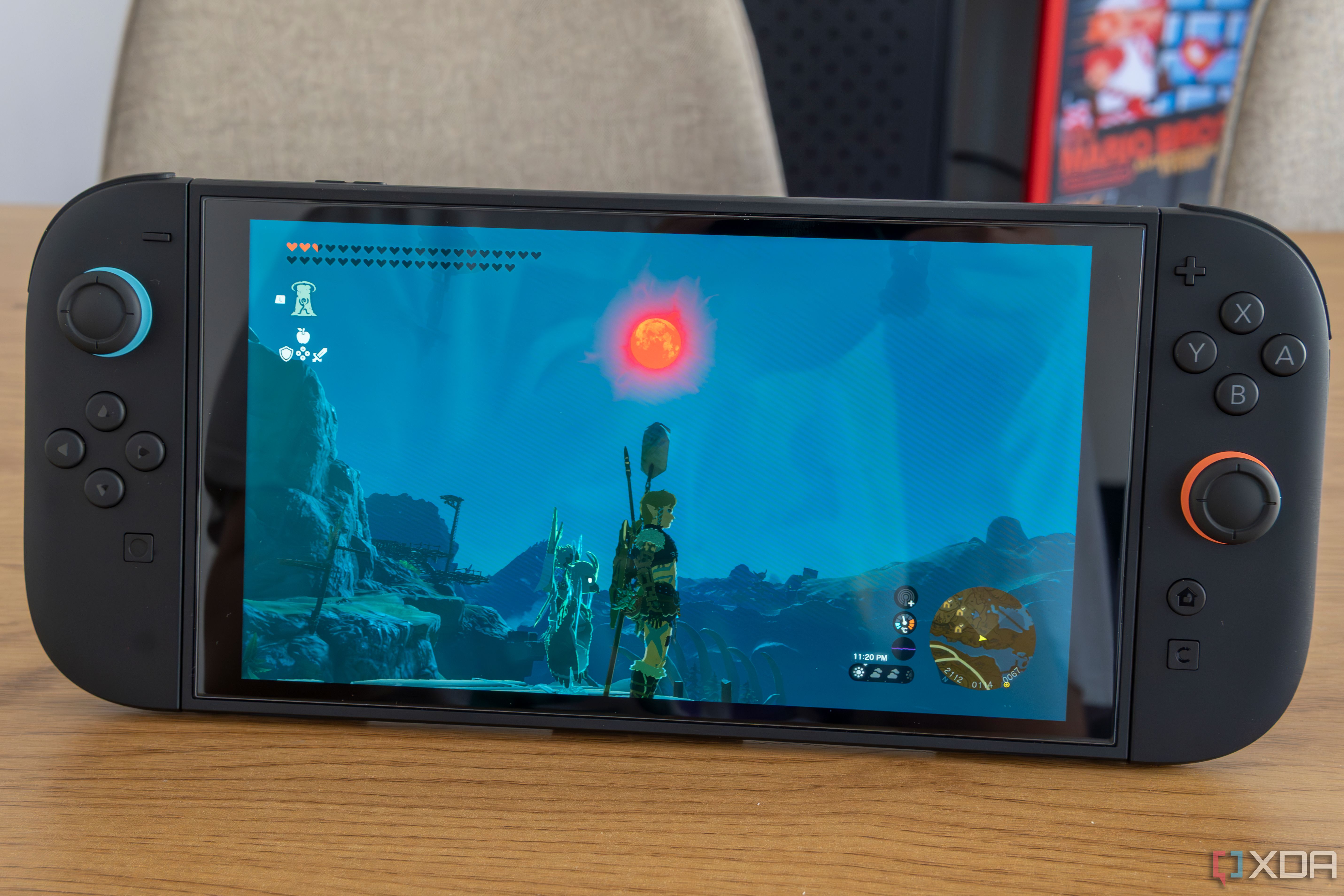 A Nintendo Switch 2 running Zelda Tears of the Kingdom with the Joy-Con attached