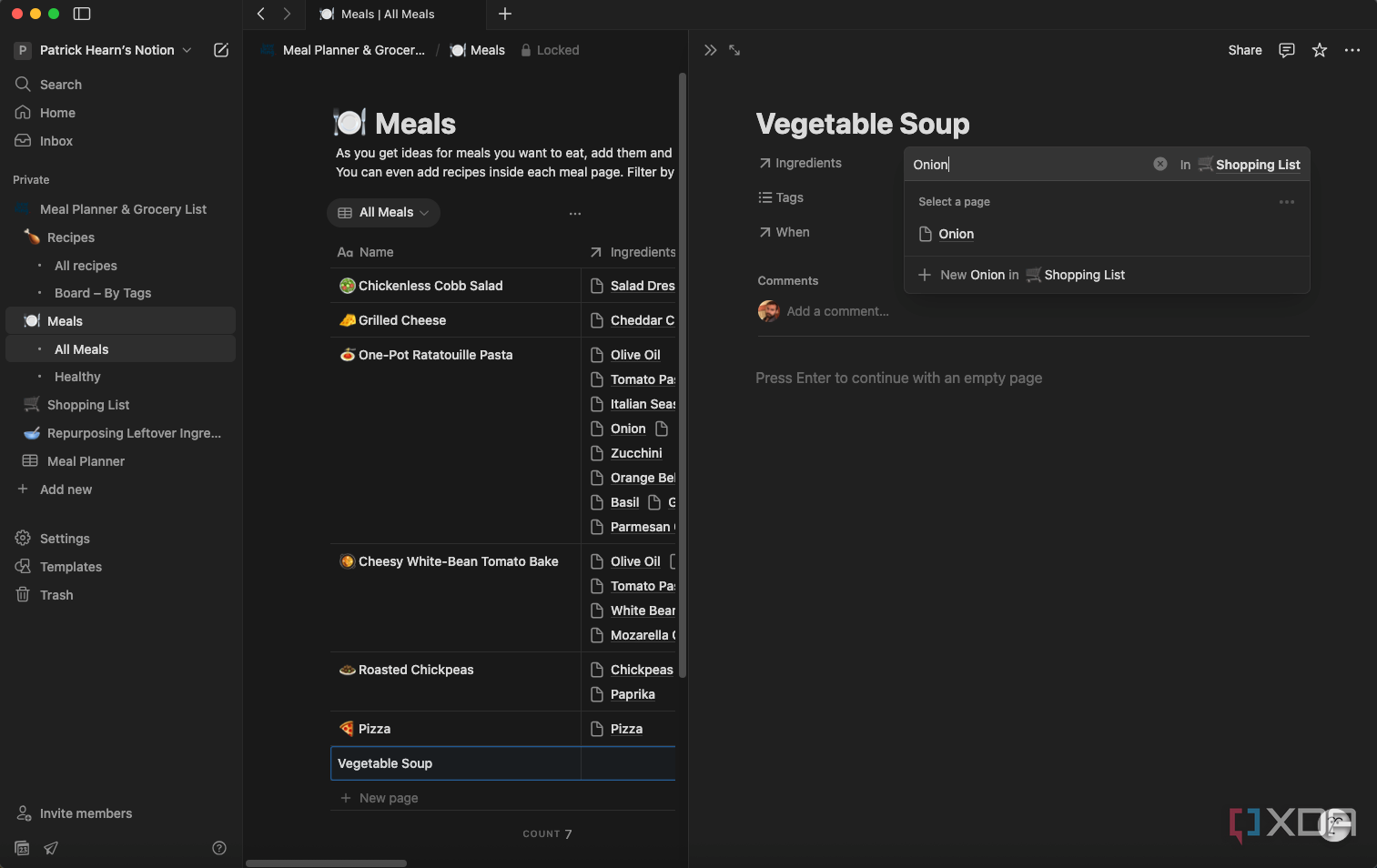 A screenshot depicting the build of a new recipe page.