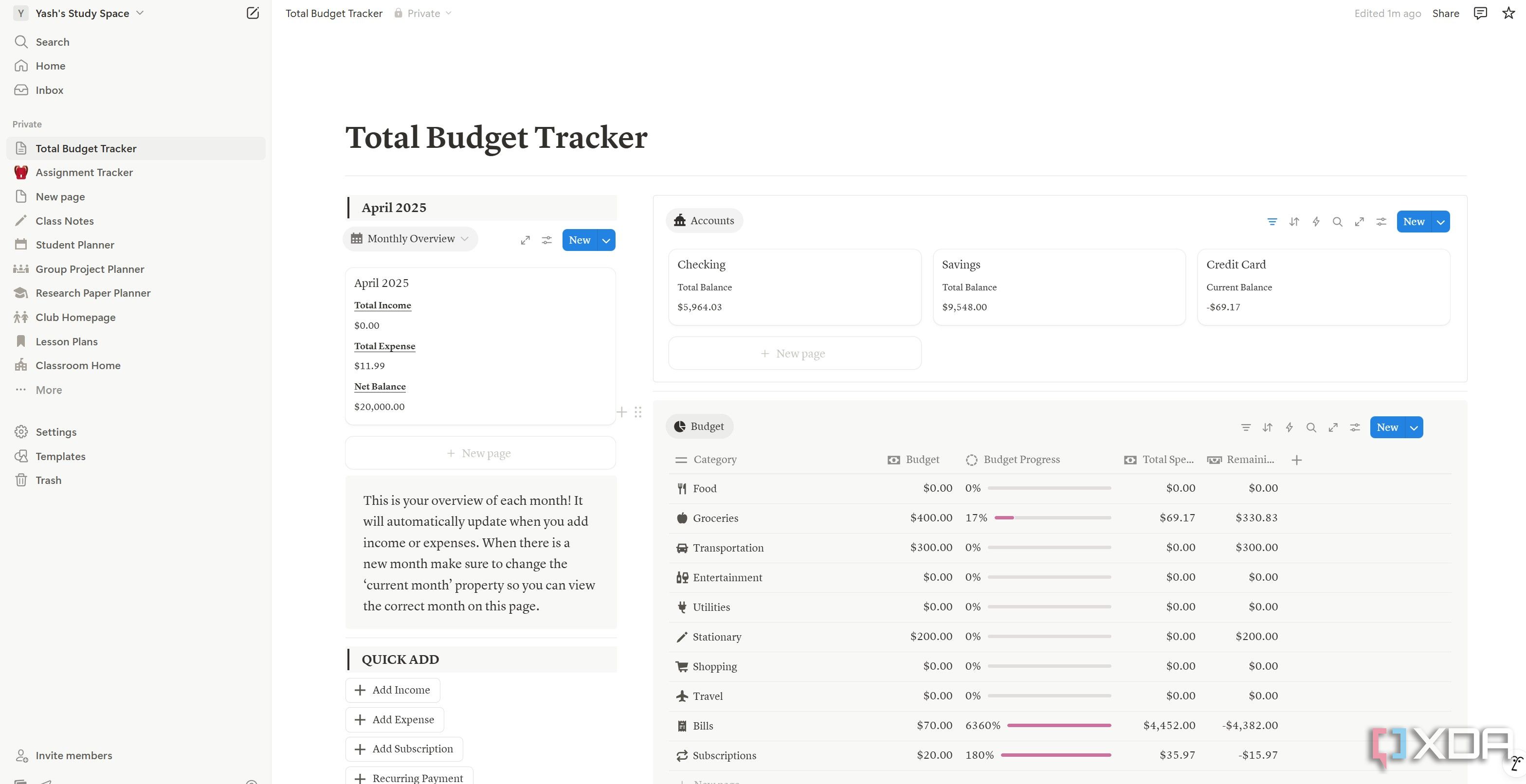 Budget tracker for students on Notion