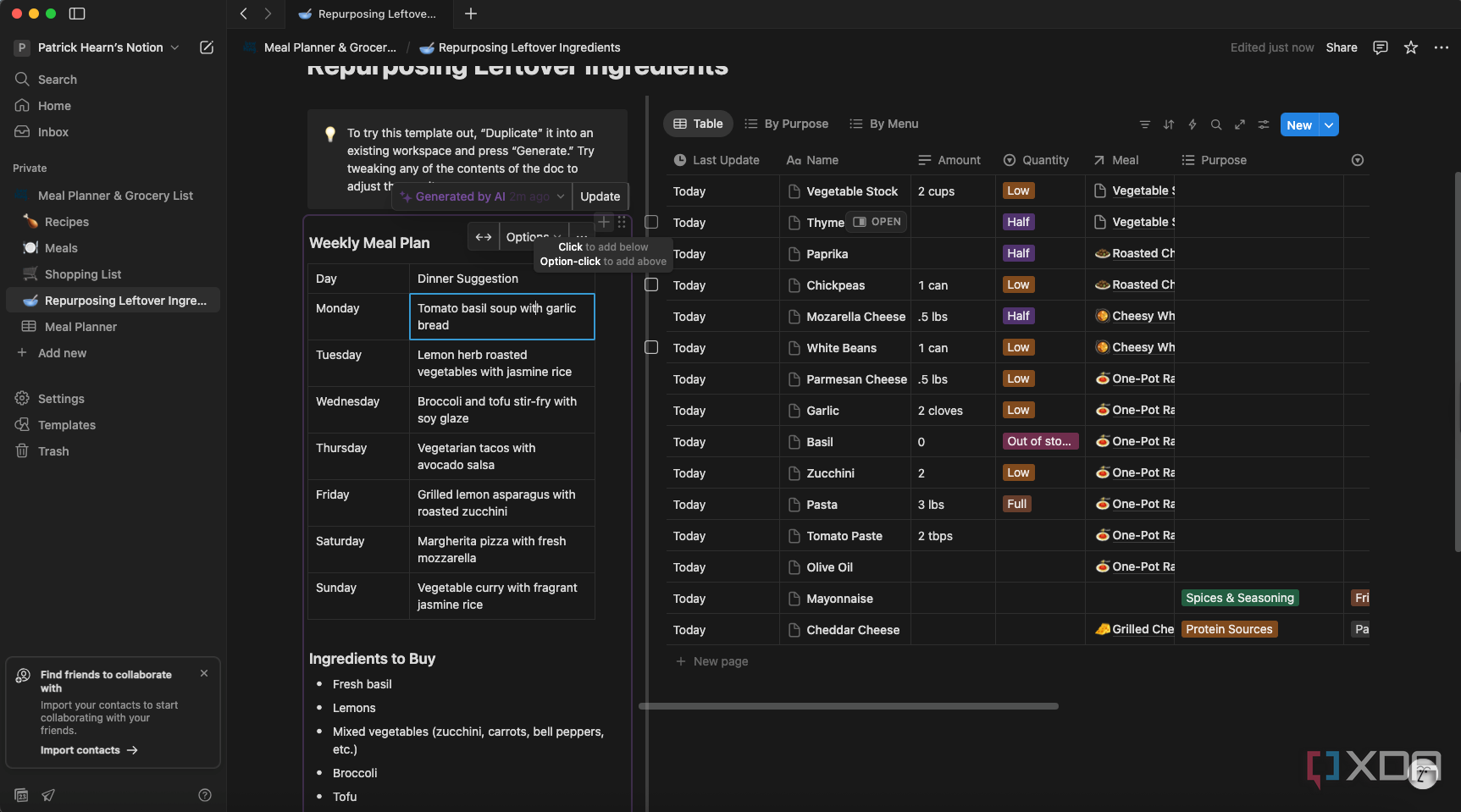 A screenshot depicting an AI-generated meal plan for the week ahead.