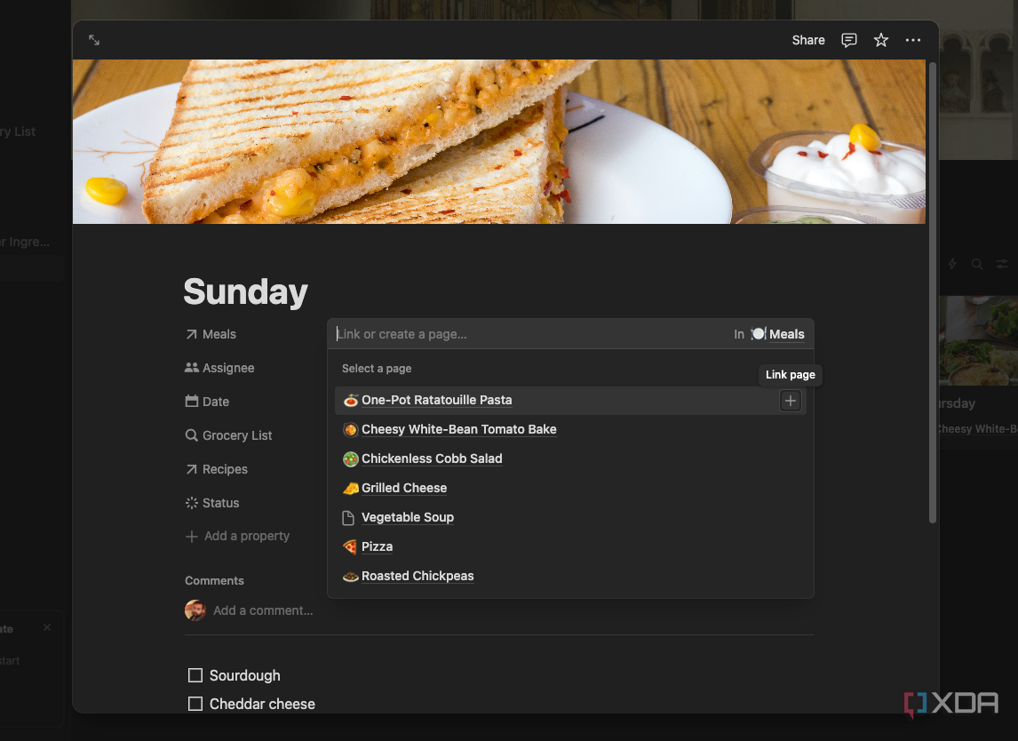 A screenshot showing the drop-down meal list in Notion.
