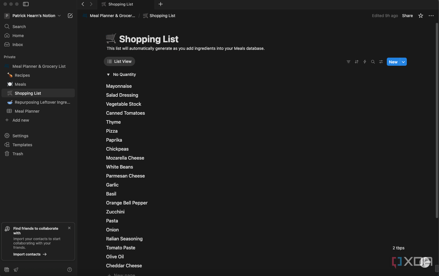 A screenshot of the auto-generated Notion shopping list.