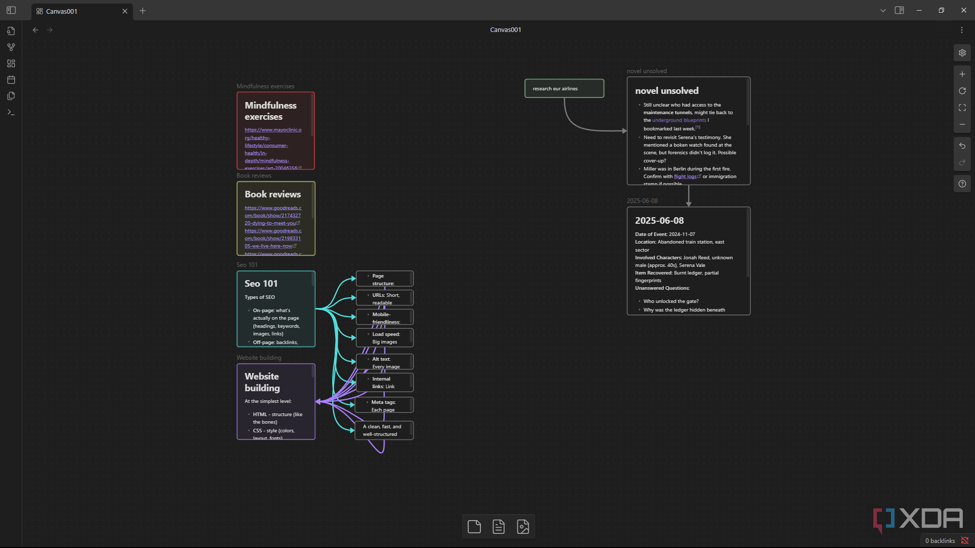 Obsidian Canvas adding connections to notes and cards