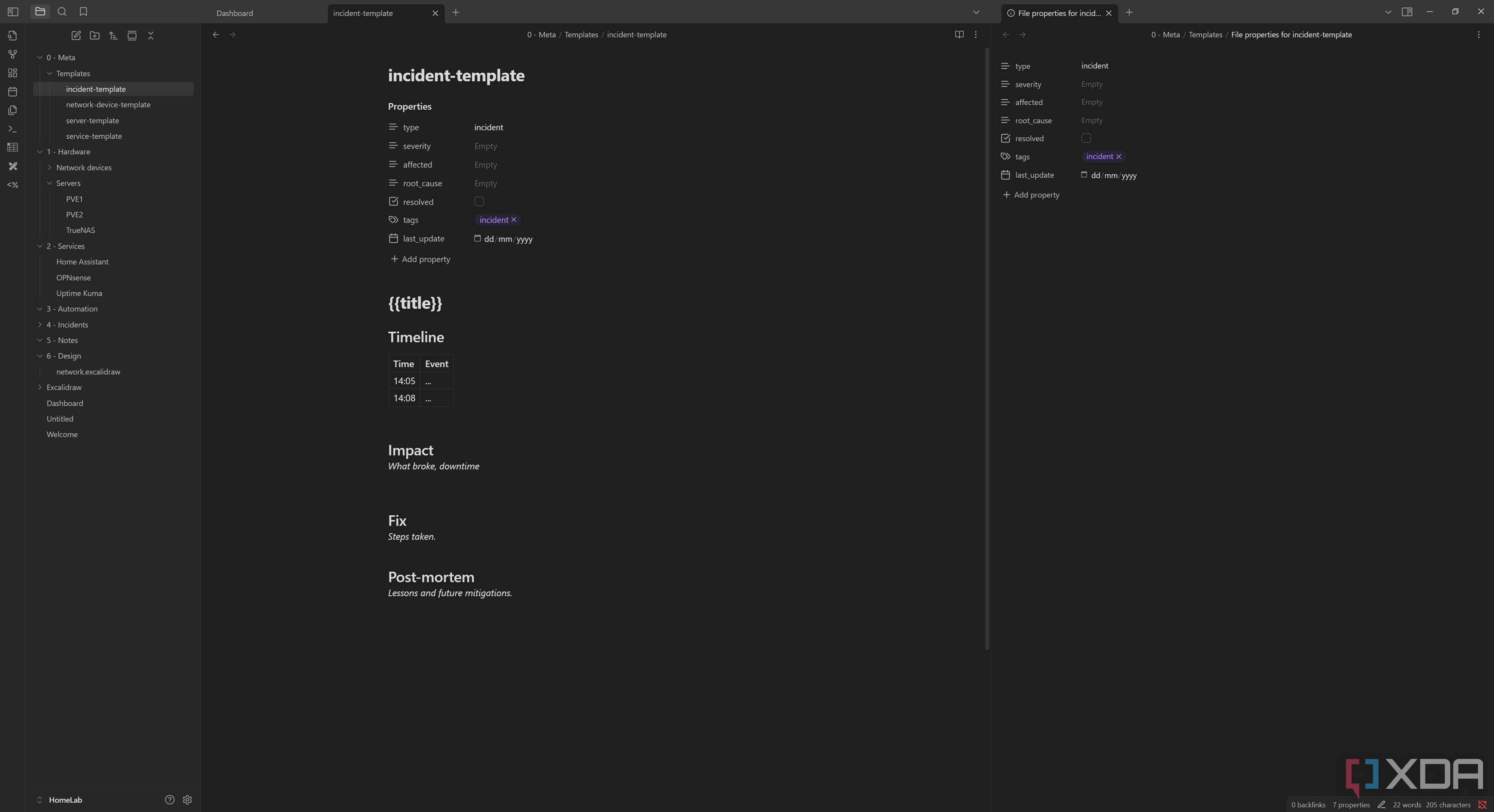 Obsidian Home Lab documentation incident template