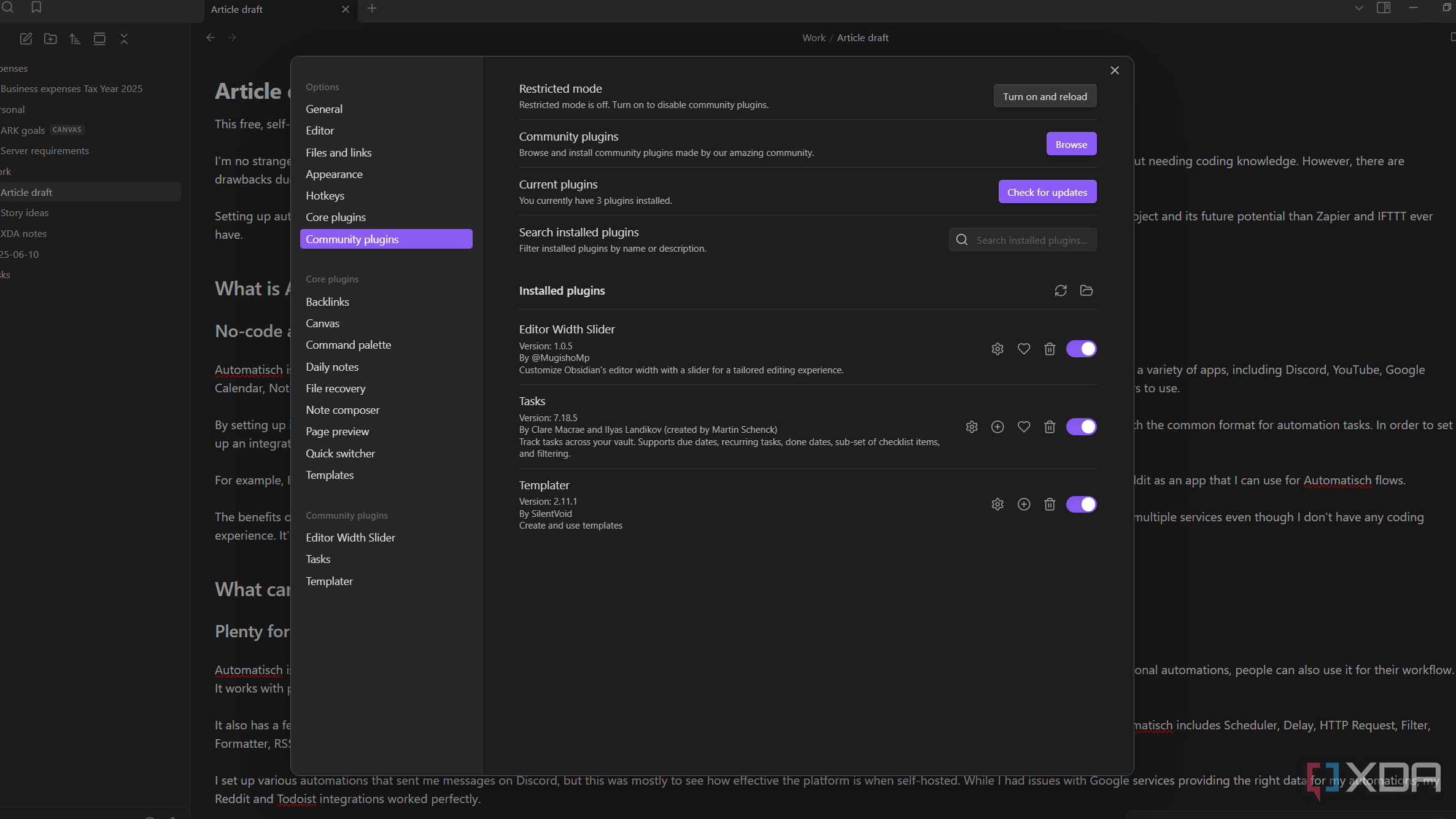 obsidian plugins settings
