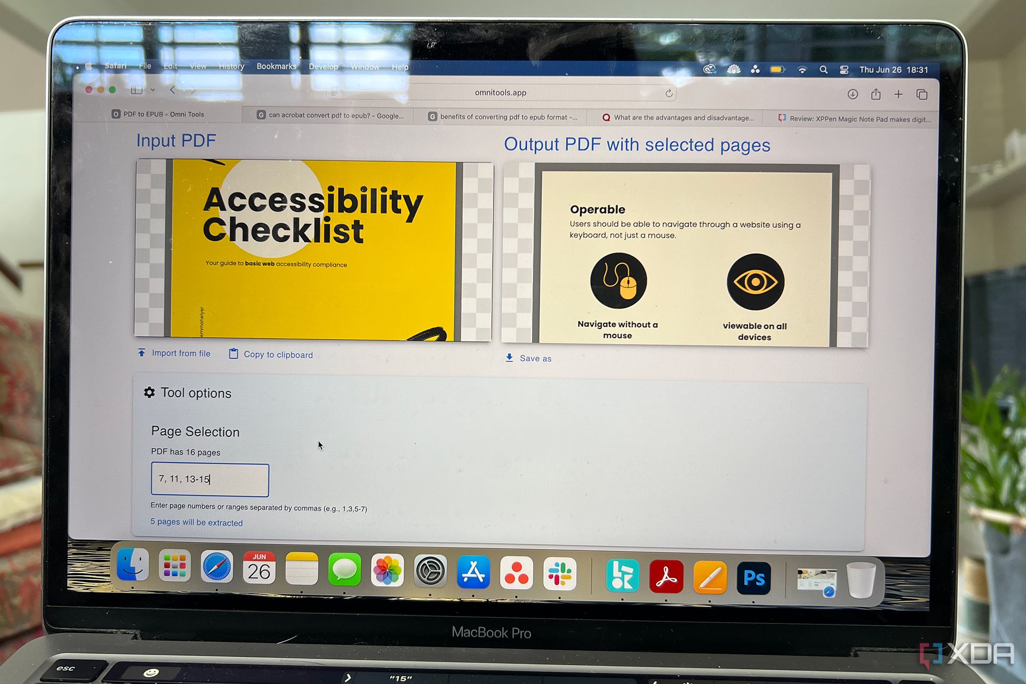 Omni Tools extract pages from PDF feature