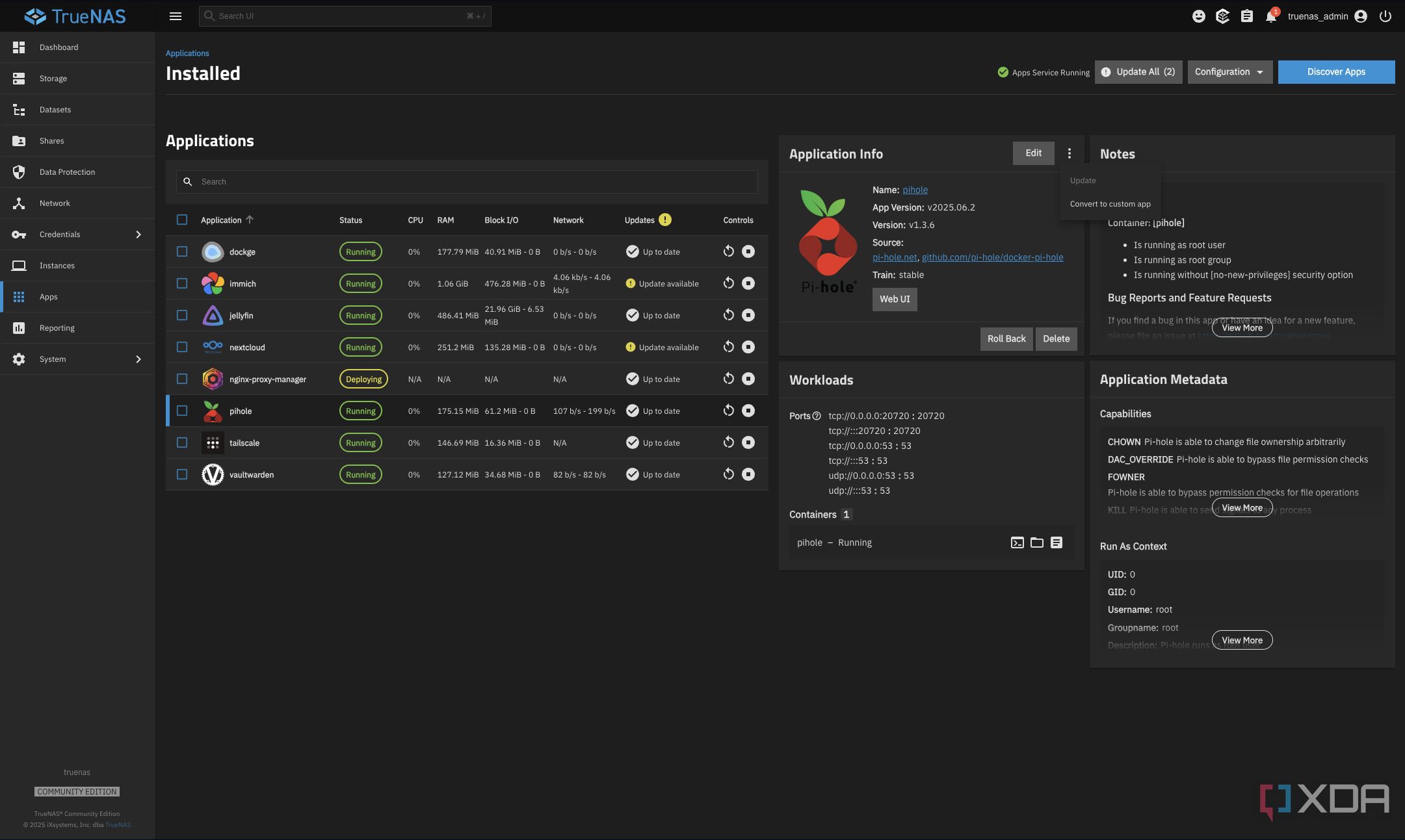 Screenshot of TrueNAS showing information about the Pi-hole app