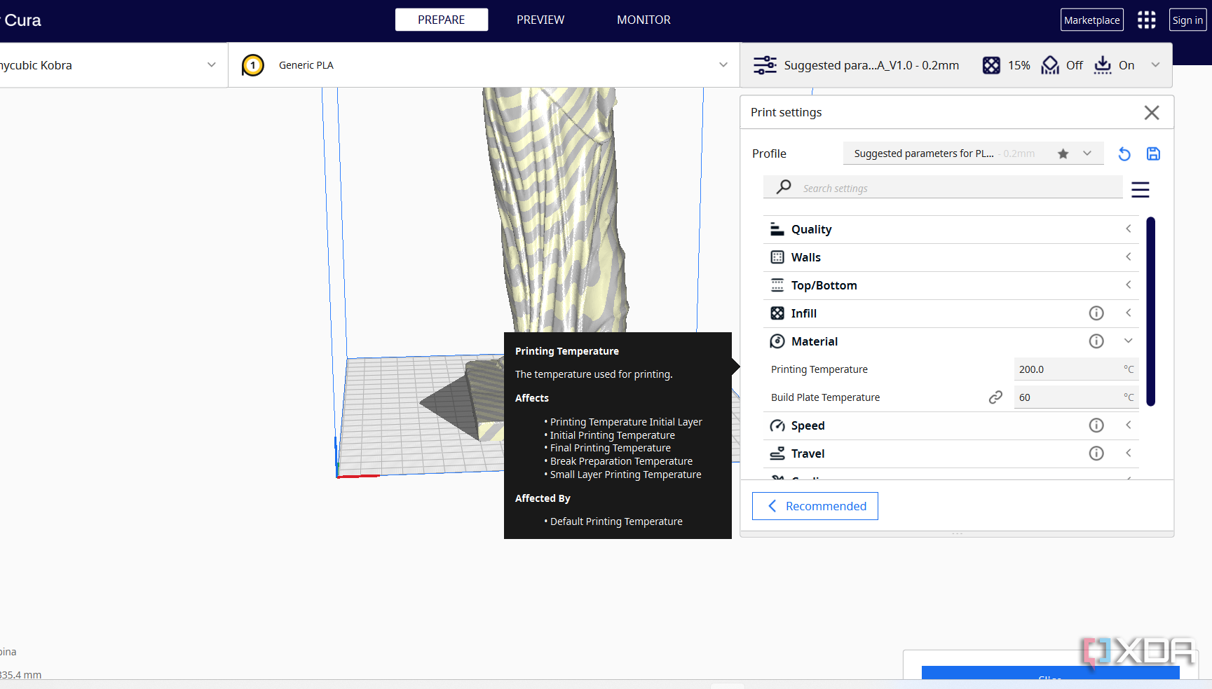 Configuración de temperatura de impresión 3D