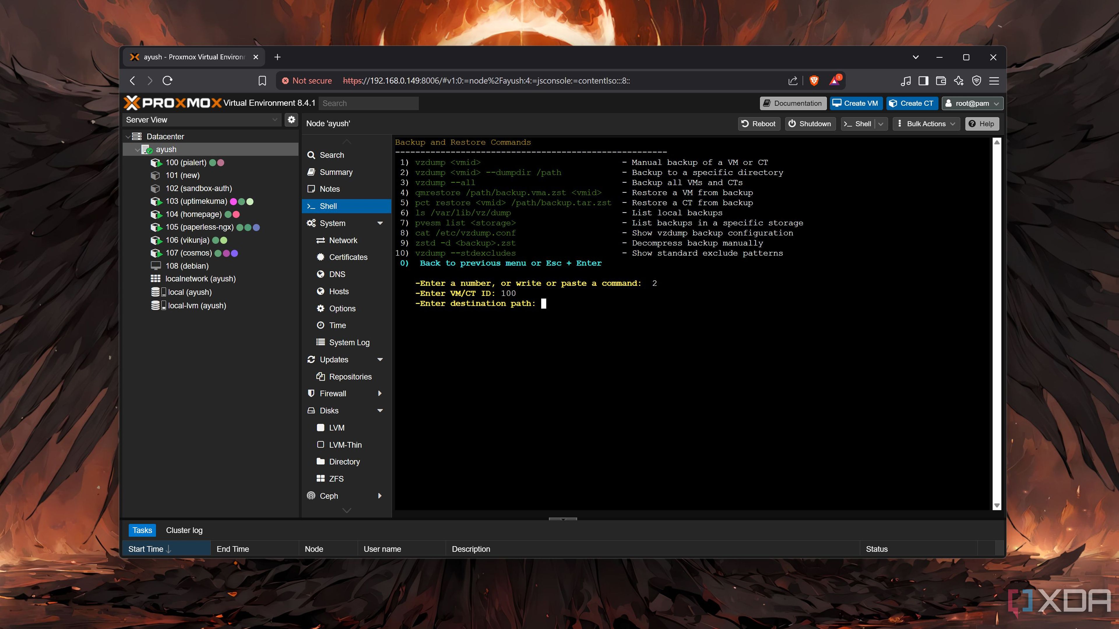 Accessing the backup options in ProxMenux