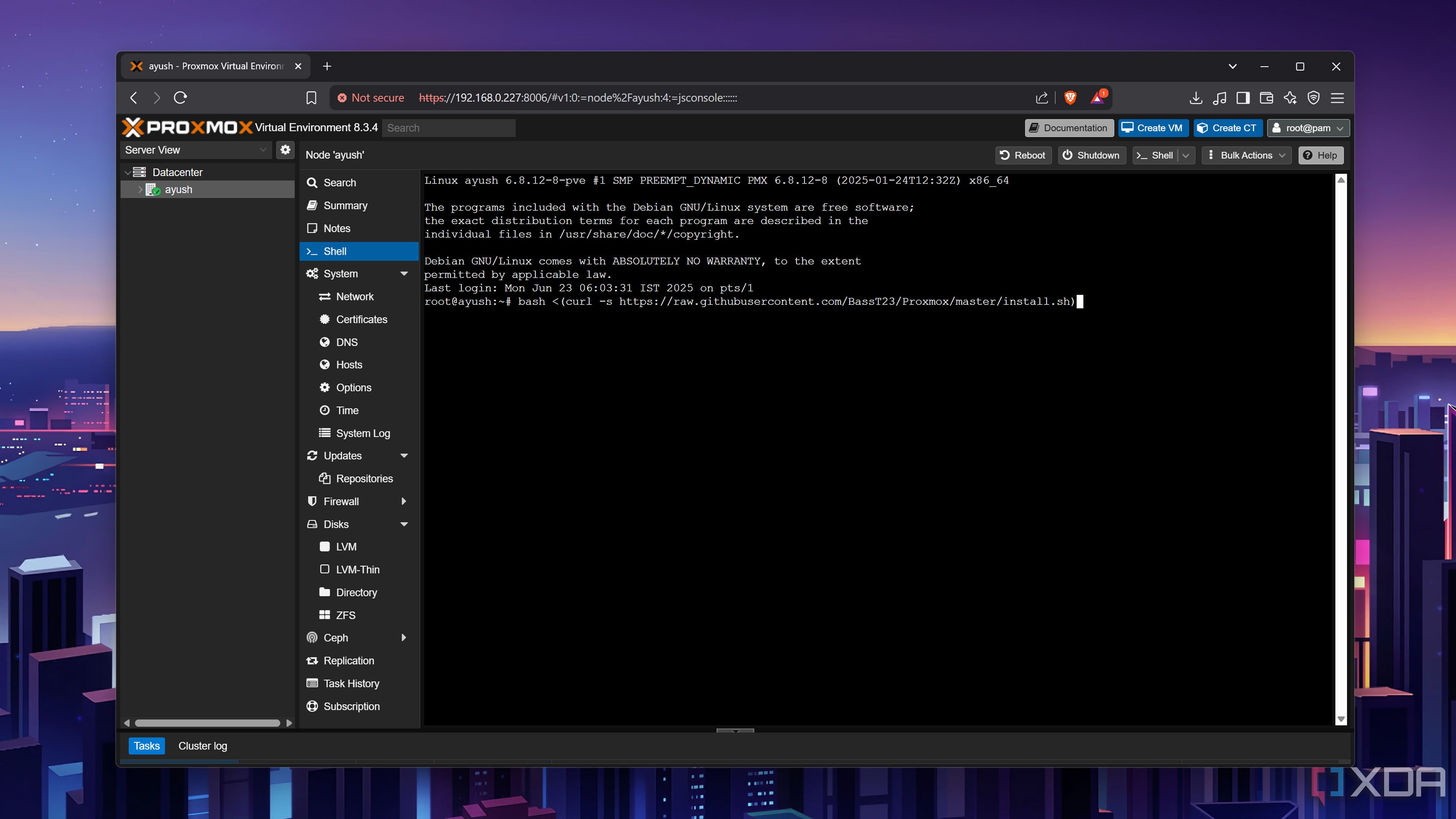 Running the script to install the Ultimate Updater on Proxmox
