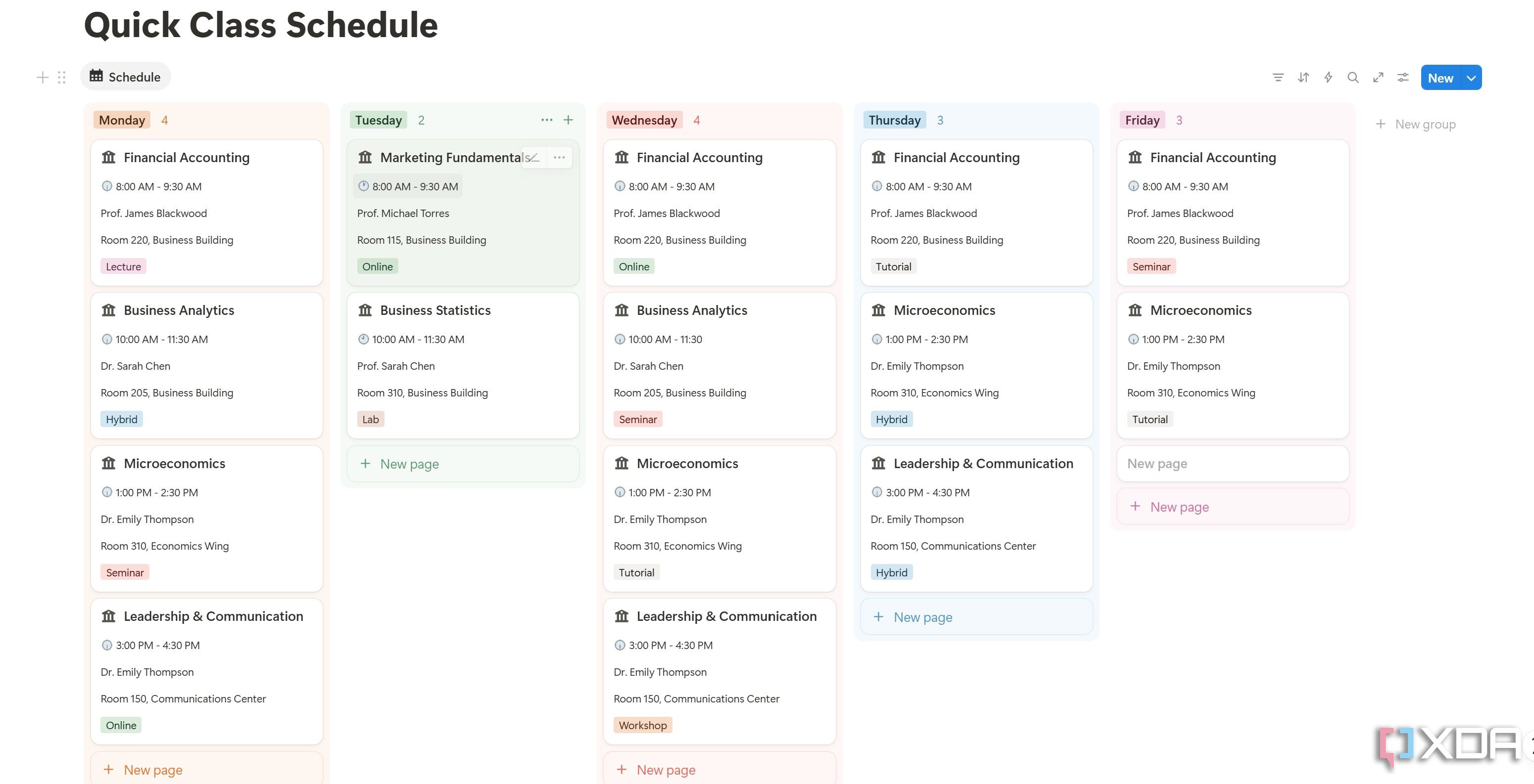 Quick Class Schedule template in Notion.