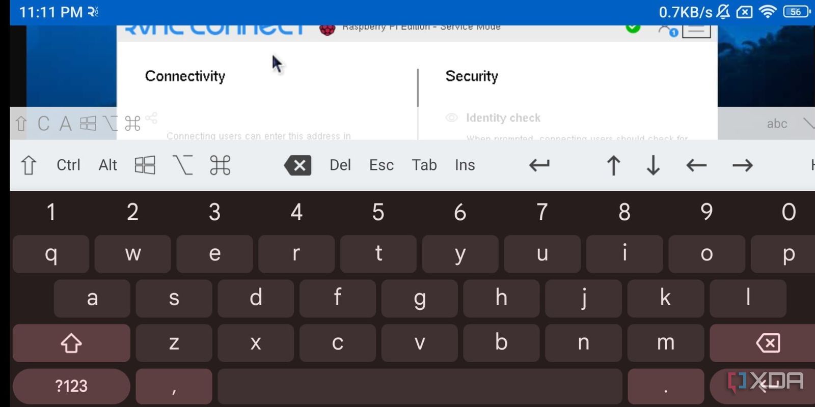 screenshot of raspberrypi connect mobile app keyboard