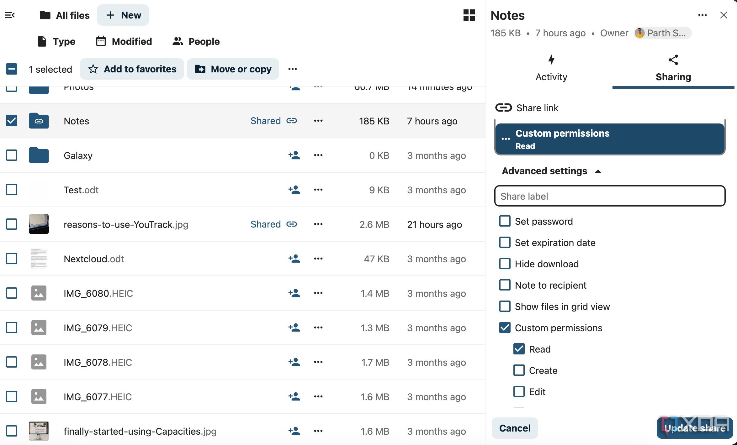 Nextcloud sharing menu