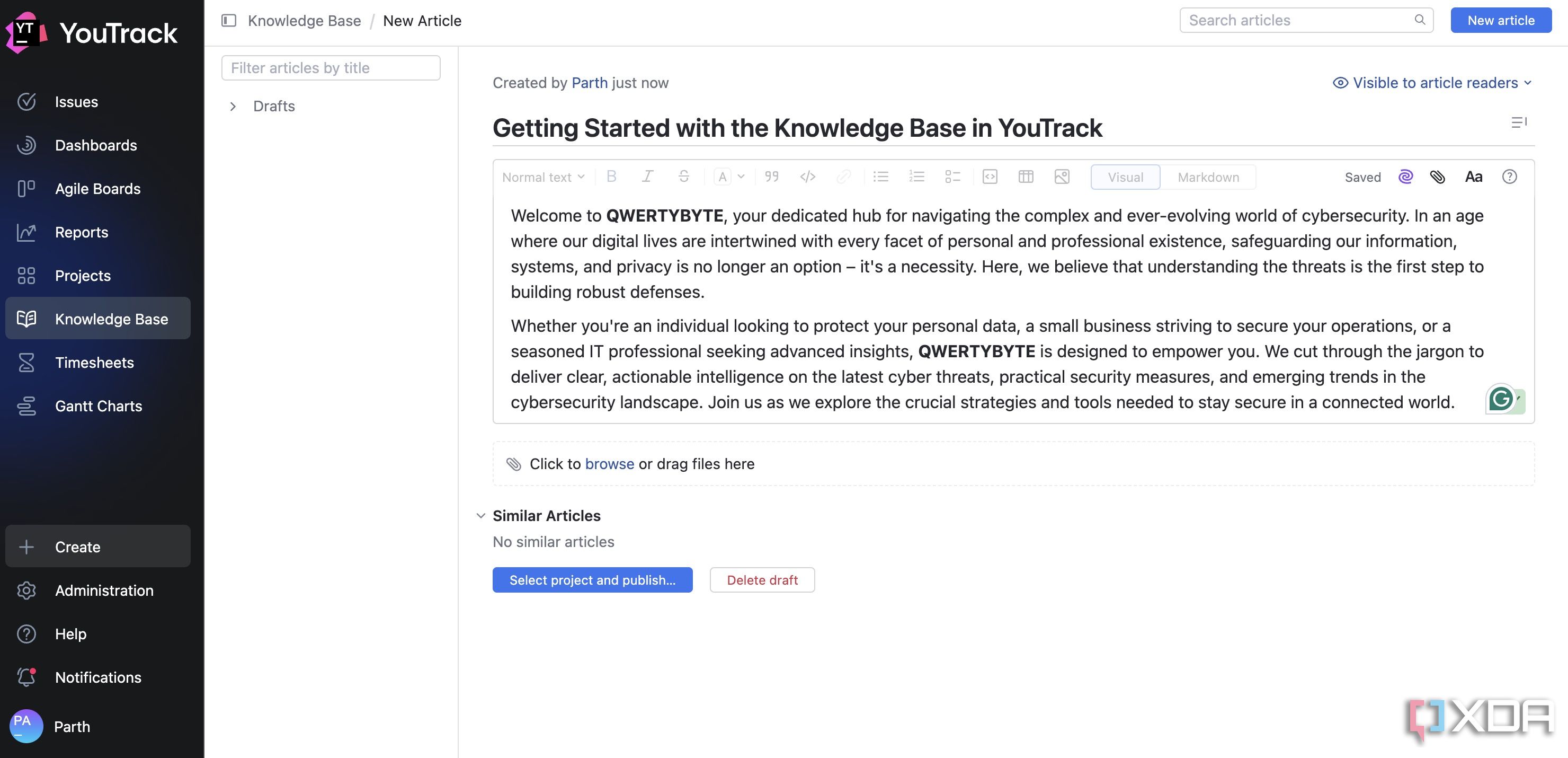 create knowledge base in YouTrack