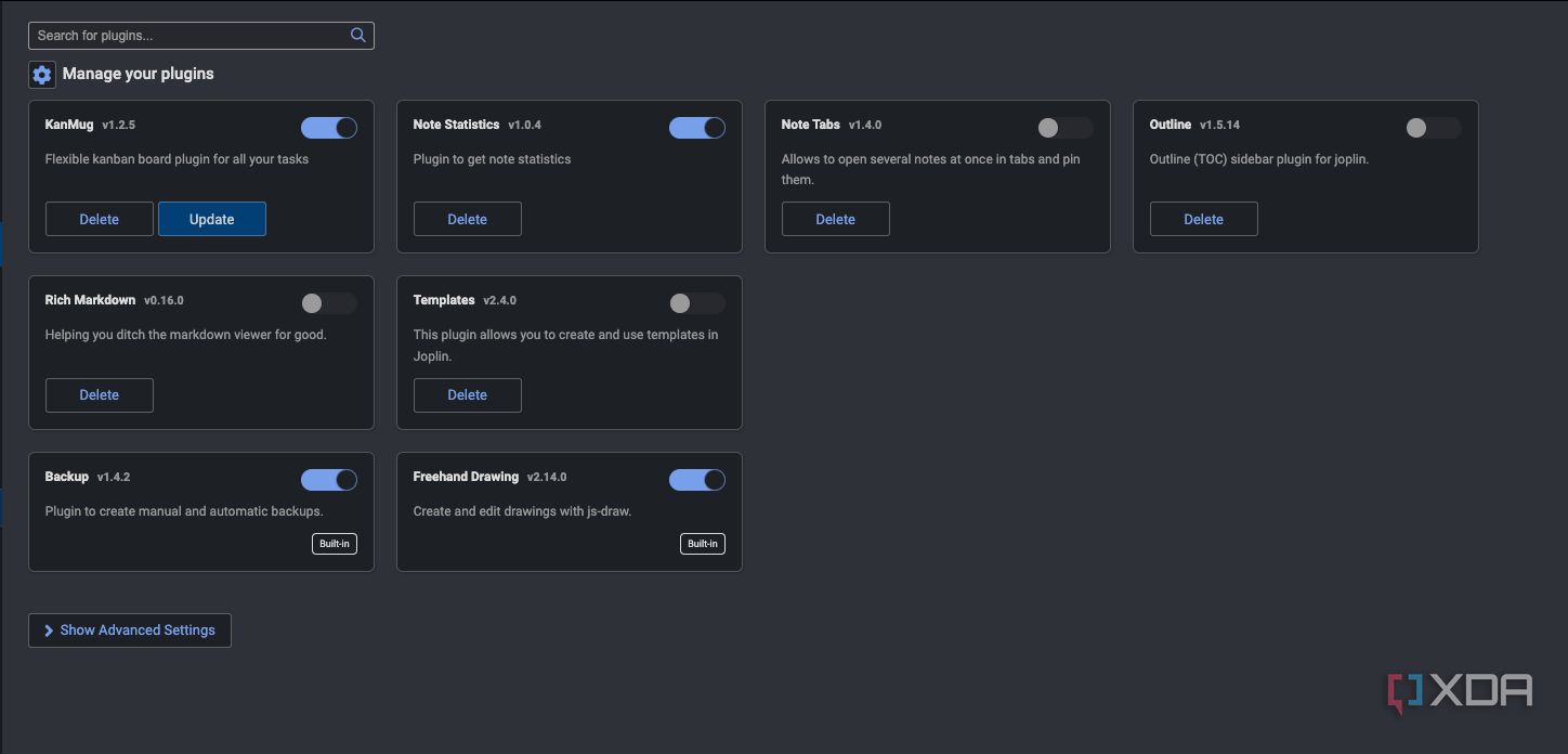 A screenshot of the Joplin plugin management screen. 