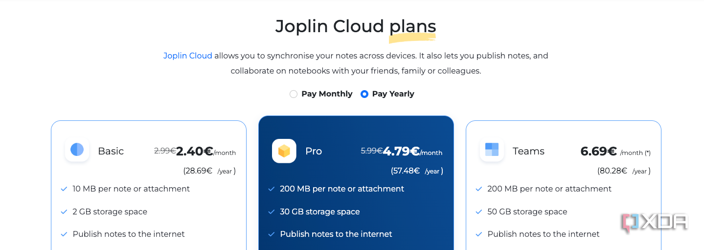 A screenshot of various Joplin Cloud plan options. 
