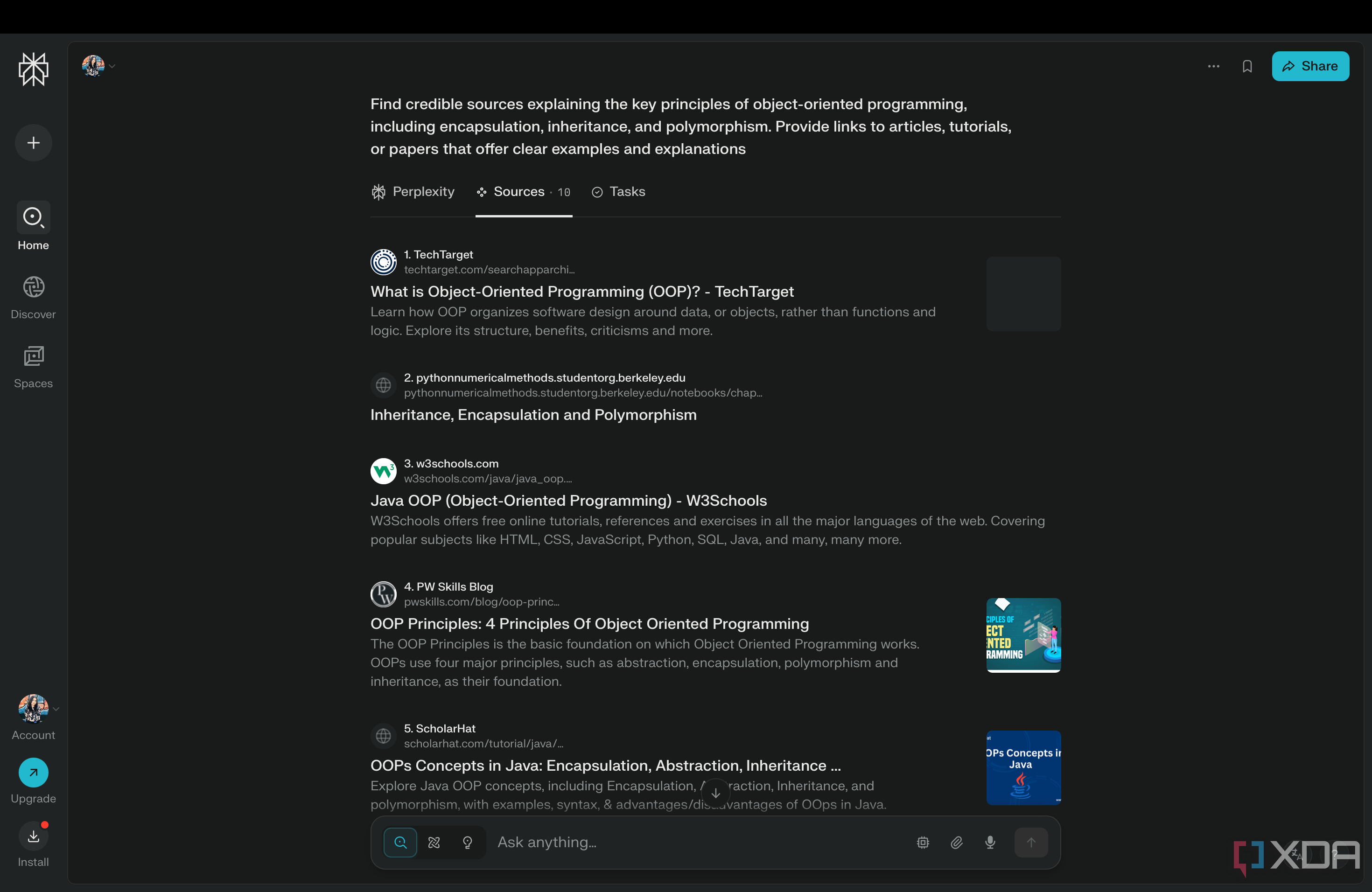 A screenshot of Perplexity's Sources tab listing various articles.