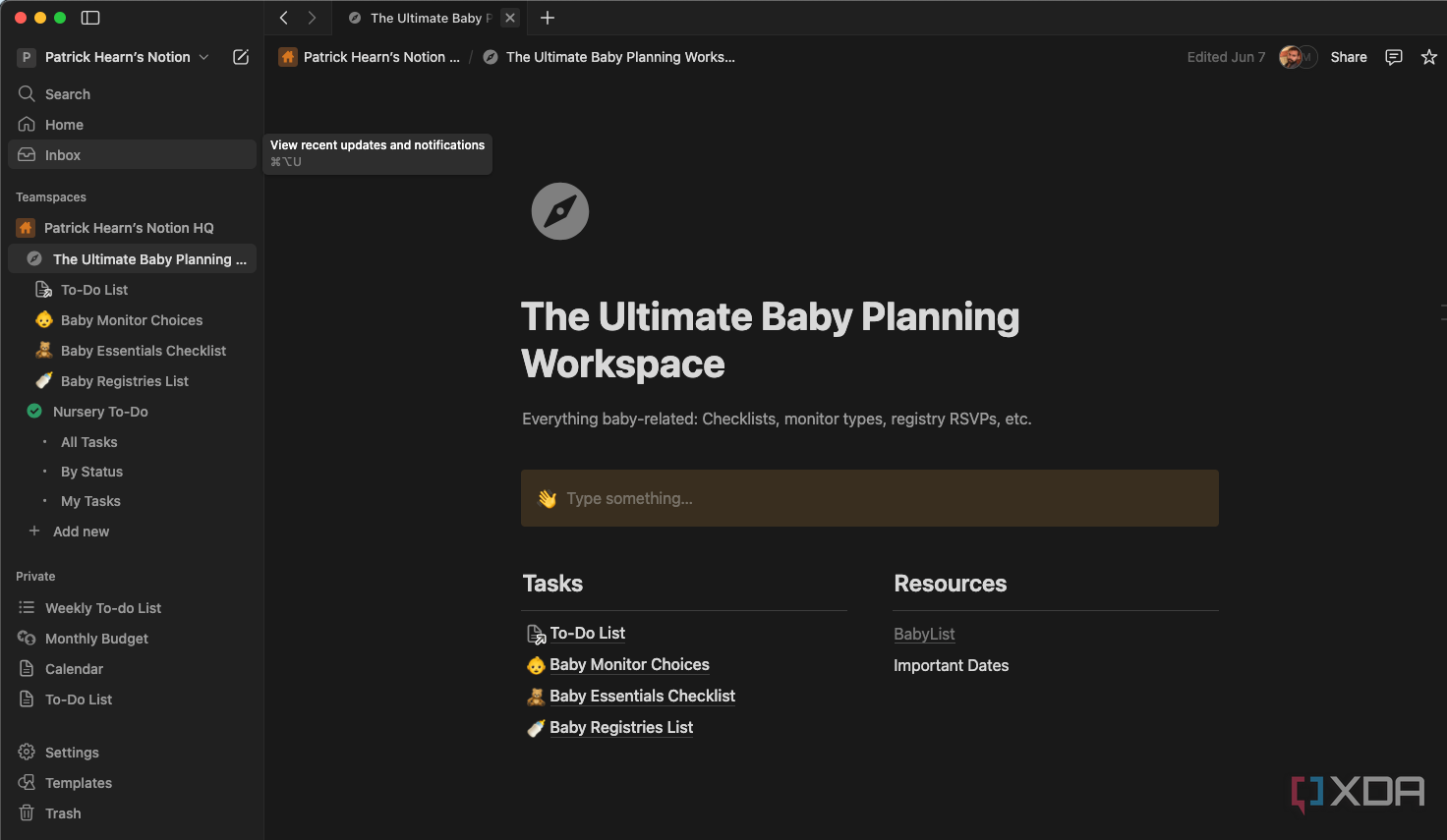 An example of a Notion dashboard.