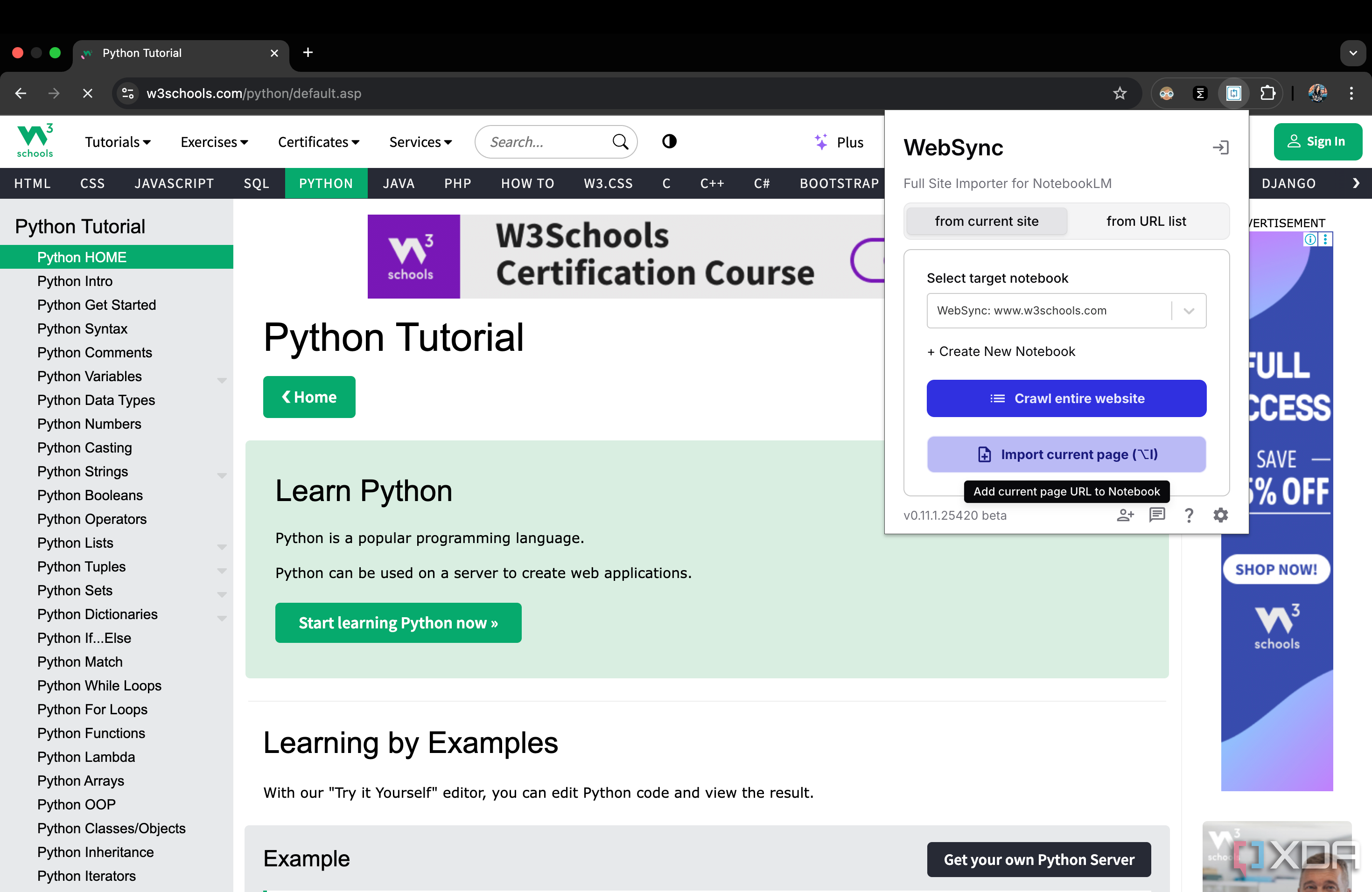 using the Websync Google Chrome extension