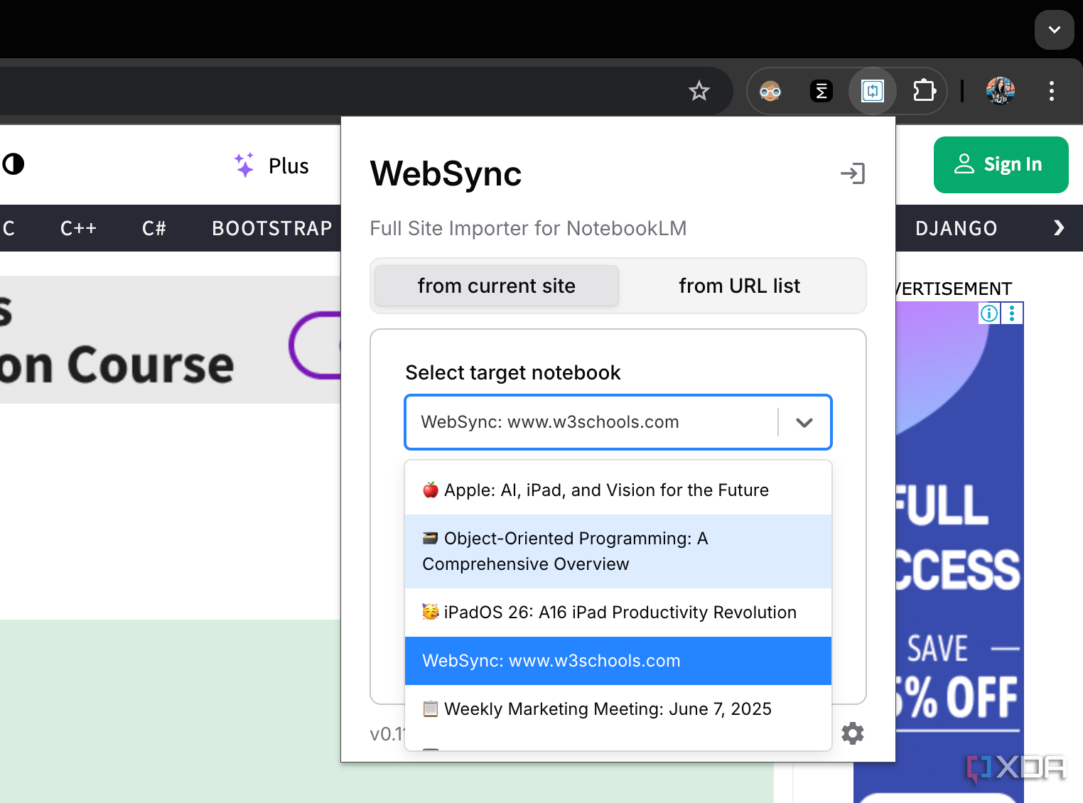 Websync displaying all my NotebookLM notebooks
