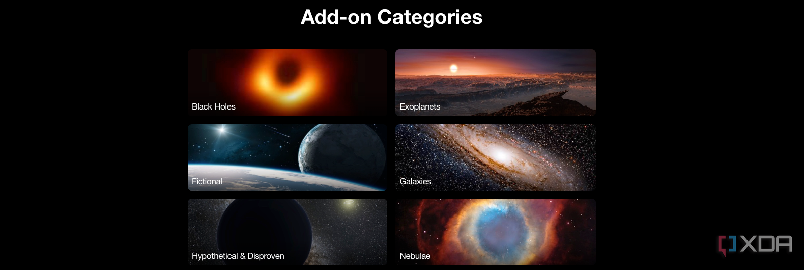 A screenshot of six Celestia add-on categories.