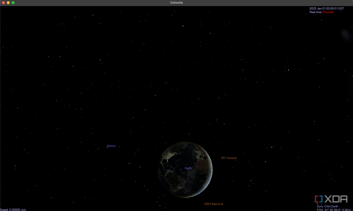 A screenshot showing the location of Earth at midnight on New Year's Day.
