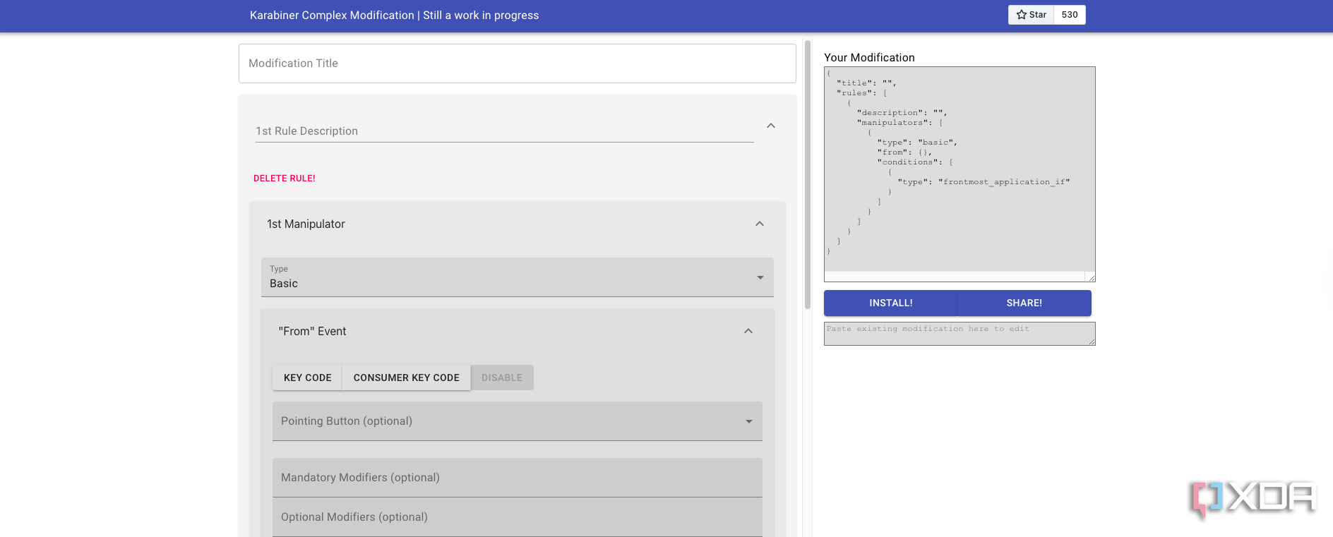 A screenshot of an application to generate custom functions in Karabiner Elements.