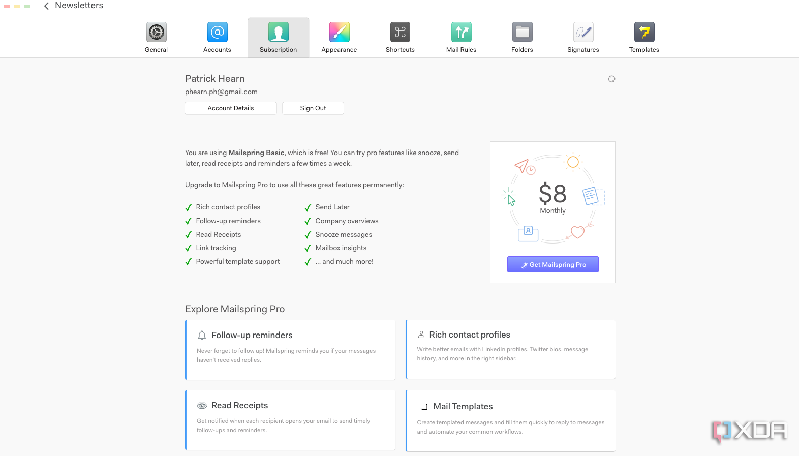 A look at Mailspring Pro's subscription screen.