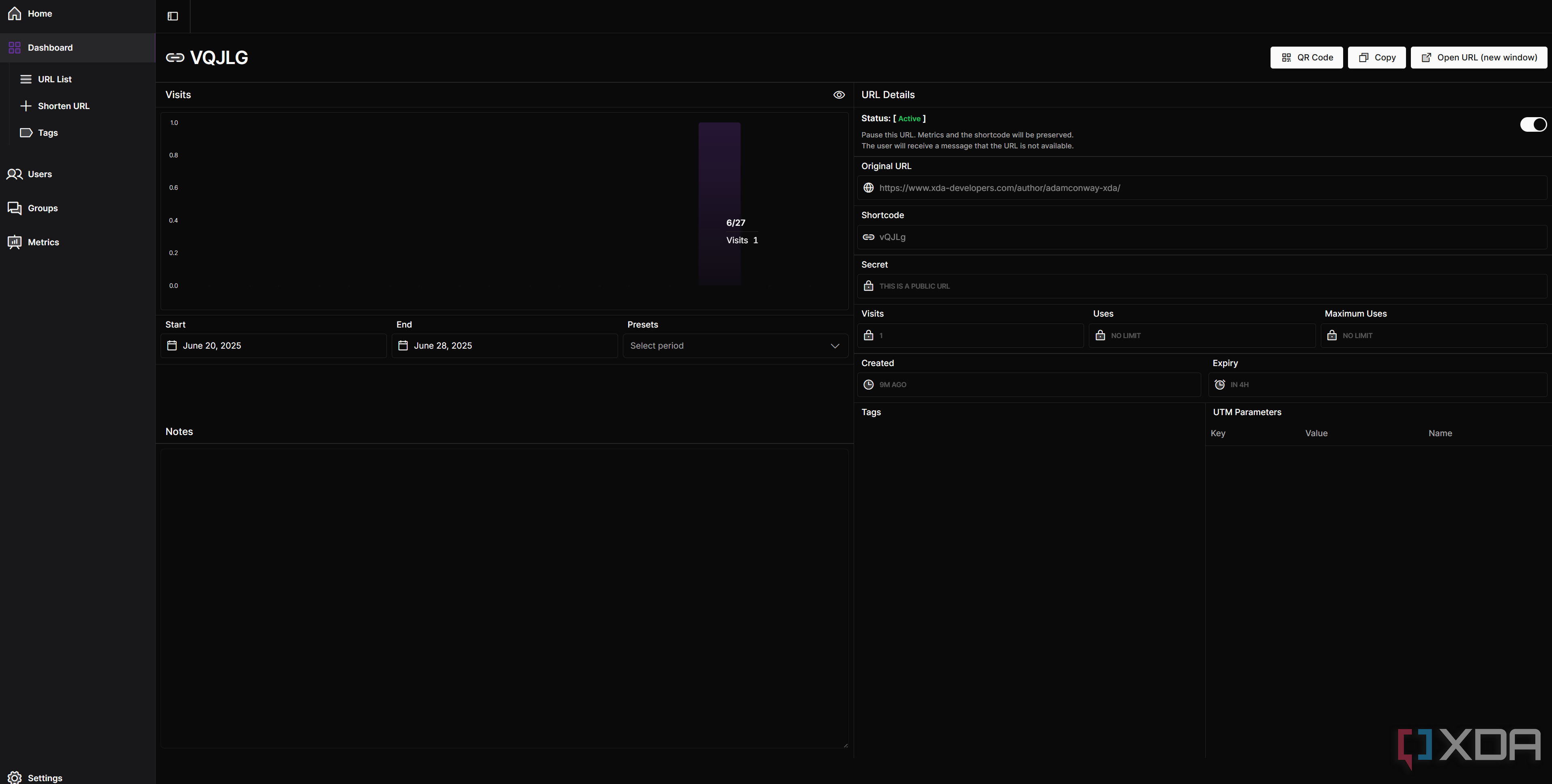 Self hosted URL shortener showing stats