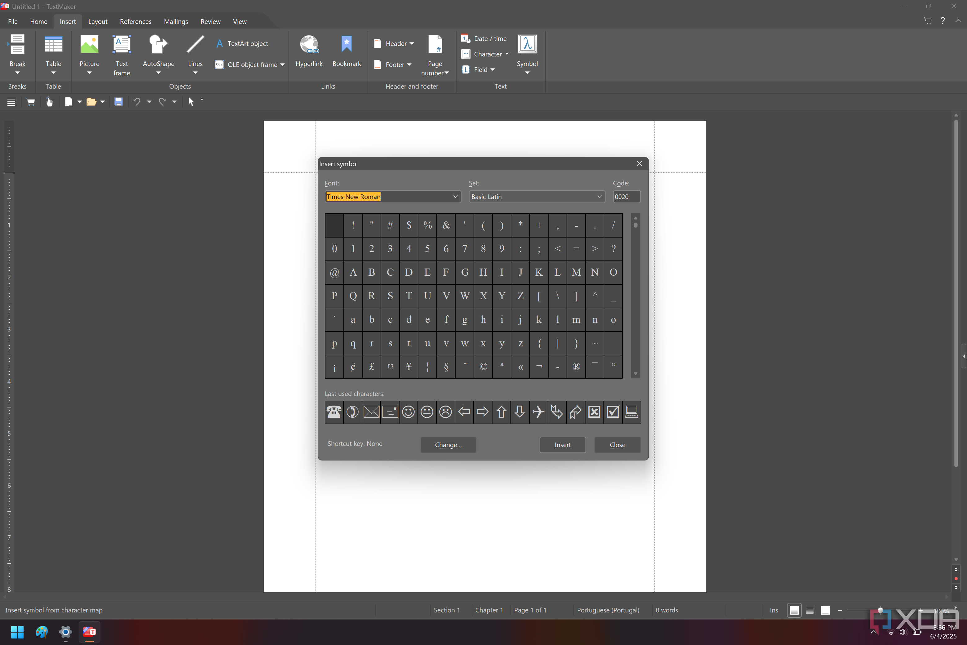 Screenshot of SoftMaker FreeOffice with a symbols panel similar to the Windows character map