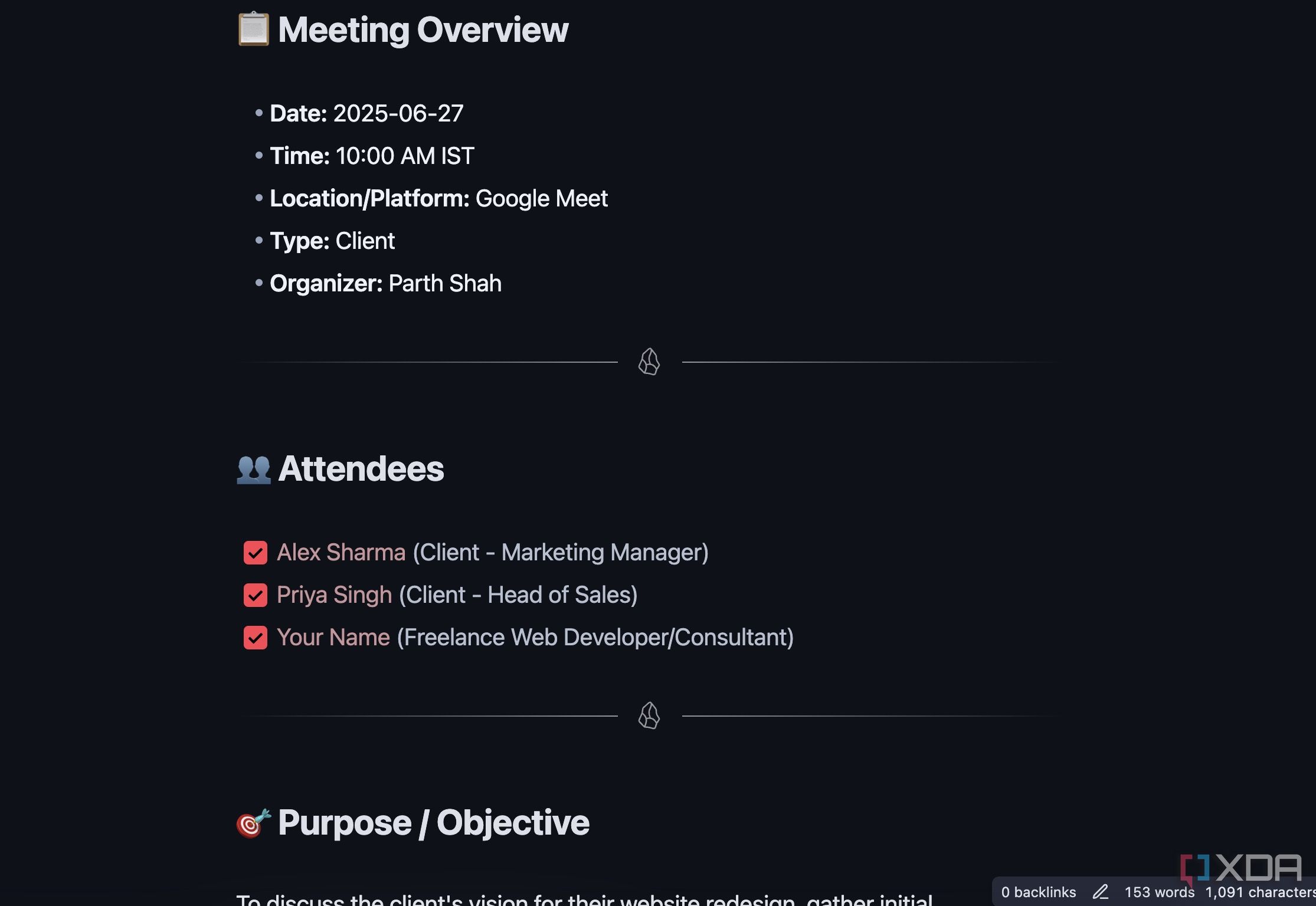 meeting notes Obsidian template